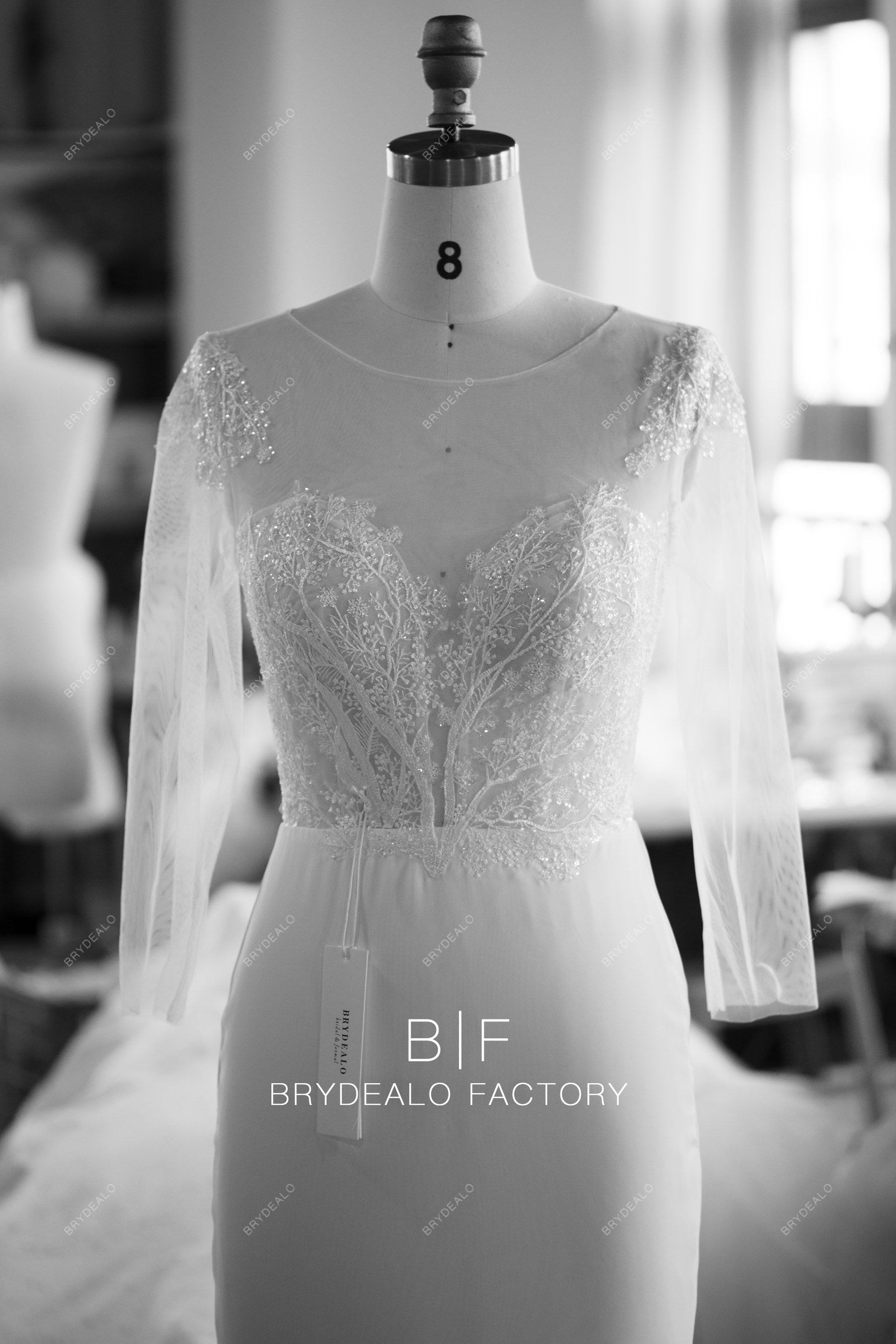 illusion shimmery lace sleeved wedding dress