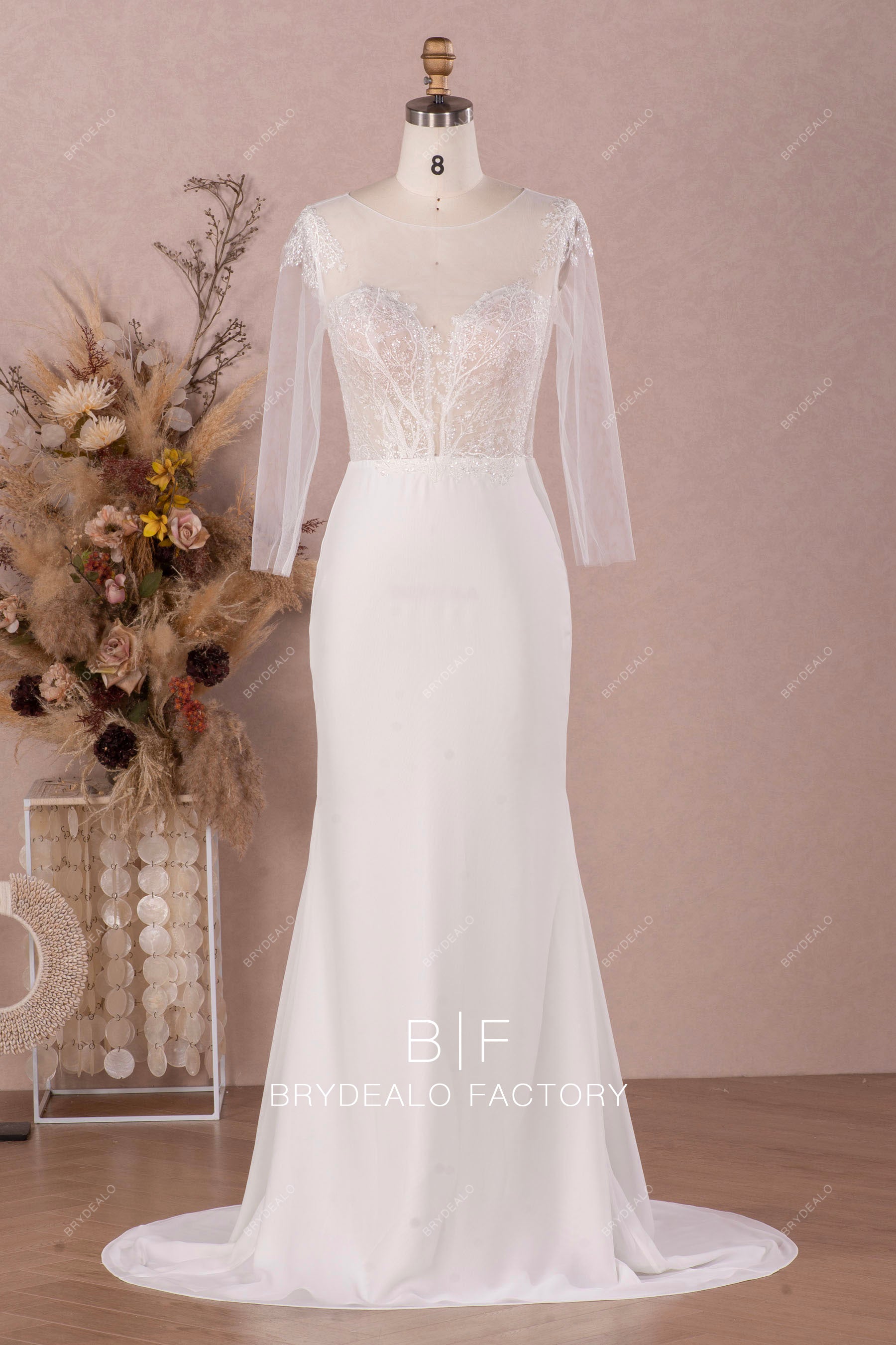 illusion sleeve lace crepe wedding dress