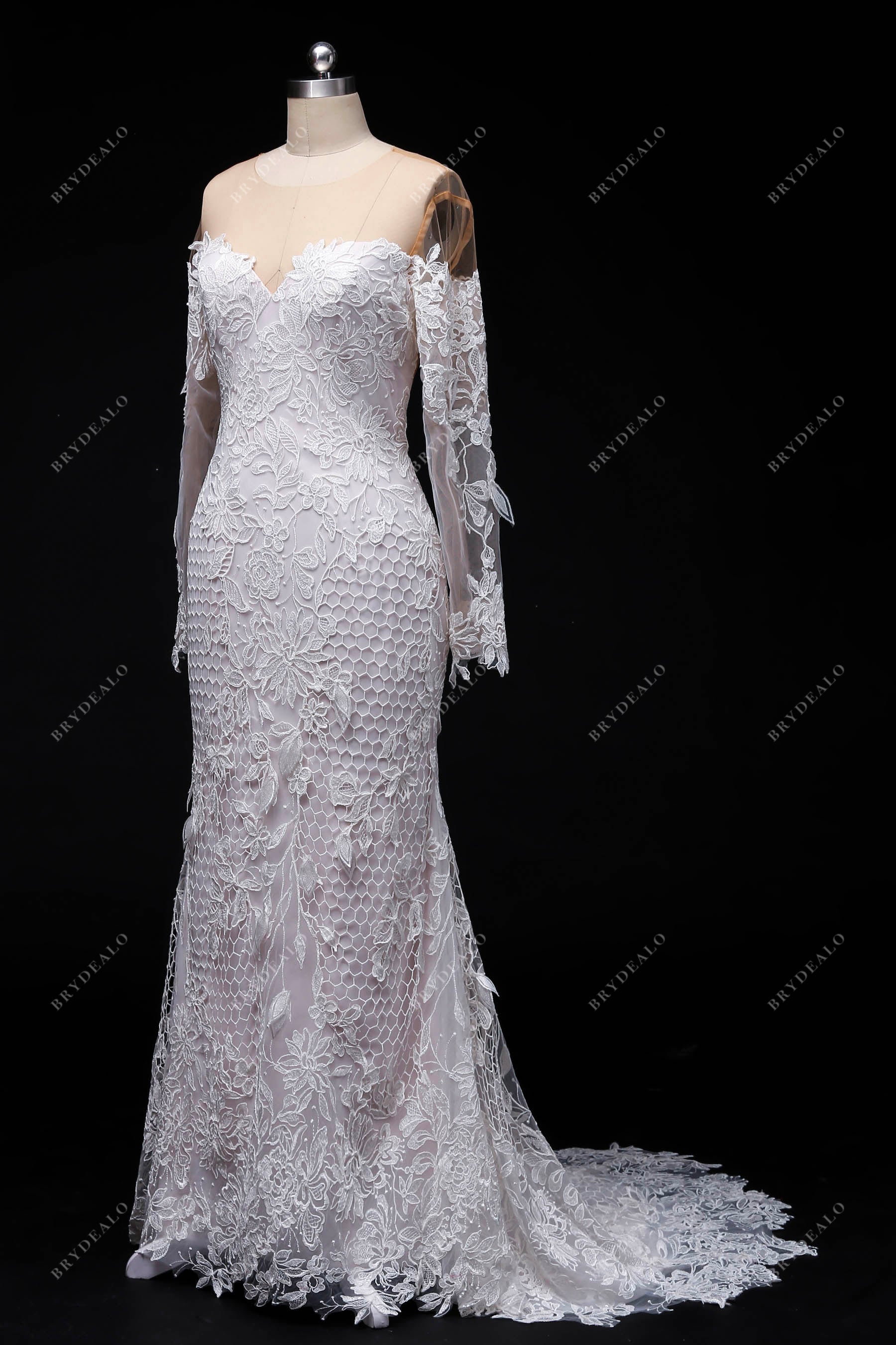 illusion sleeve lace mermaid wedding dress