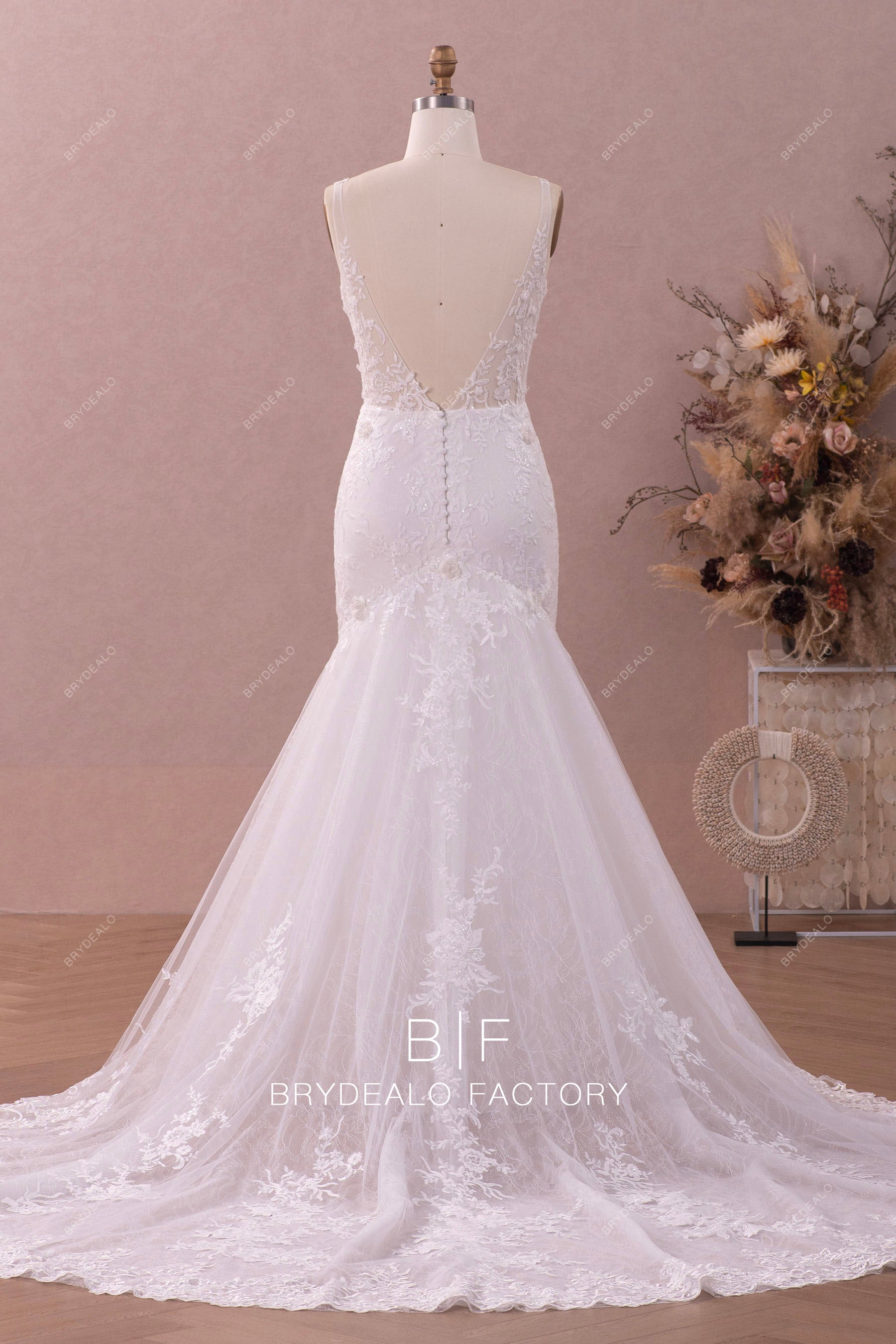 illusion v-cut back mermaid long wedding gown