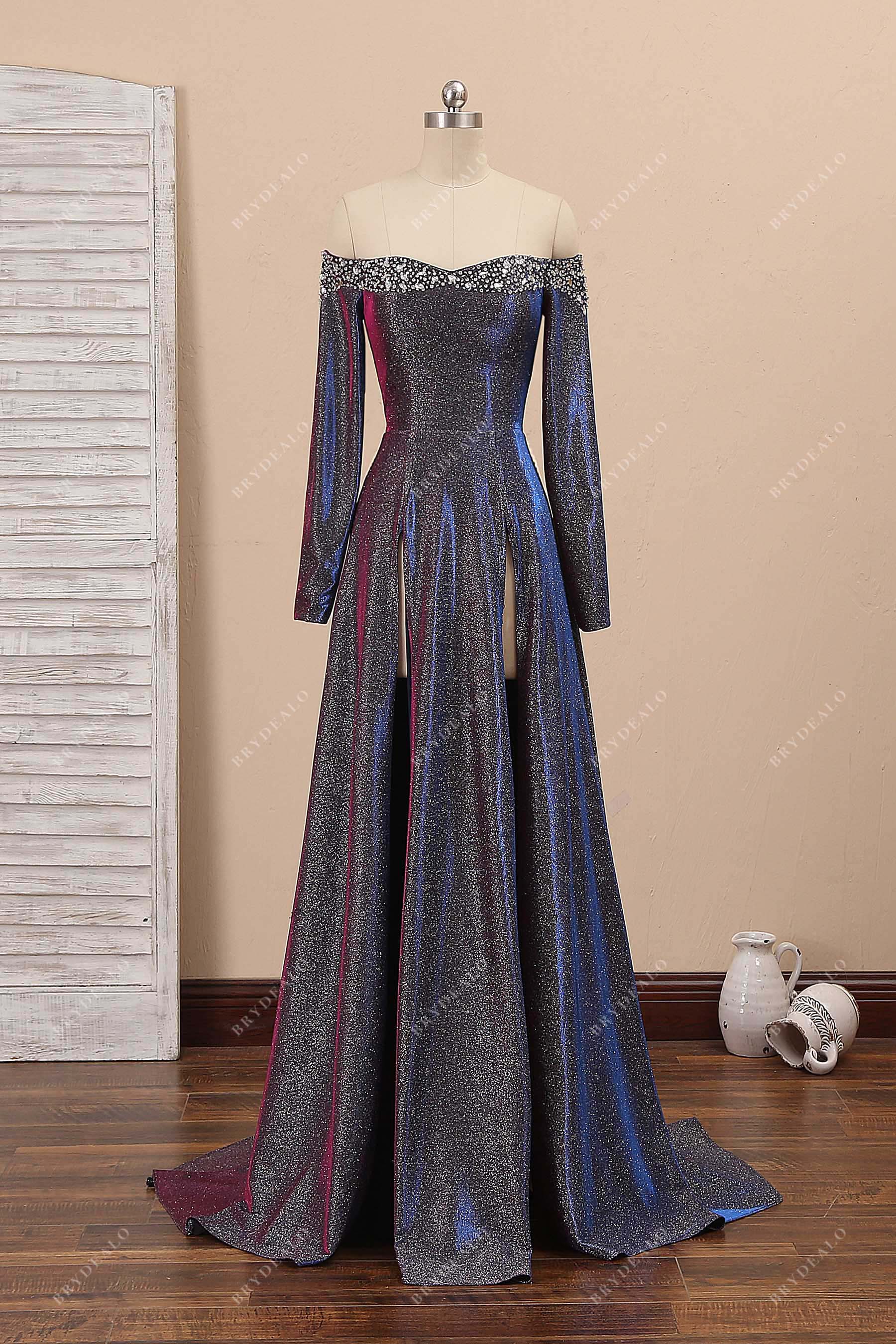 iridescent glitter off-shoulder slit prom gown