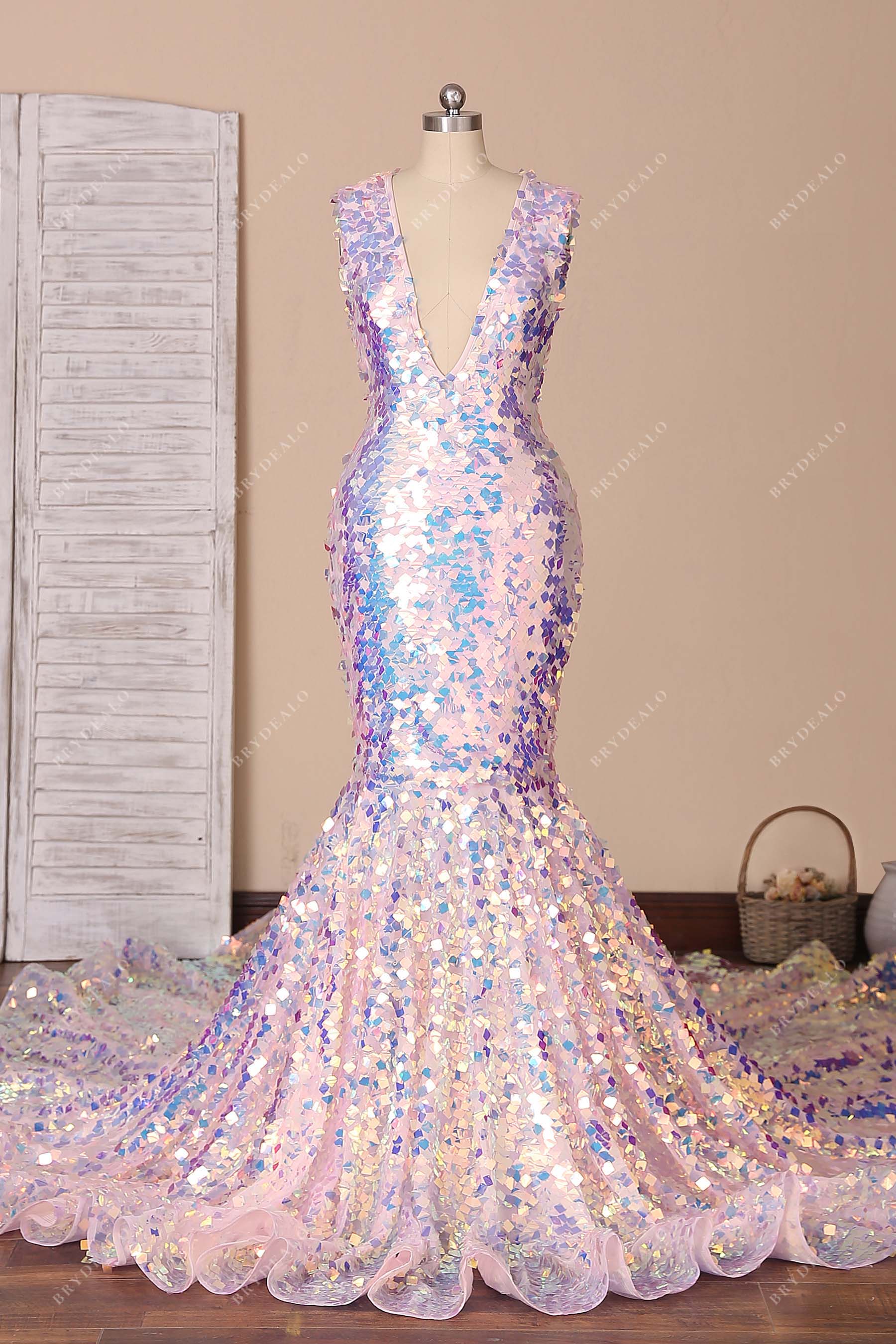 Iridescent Square Sequin Plunging V-neck Prom Dress