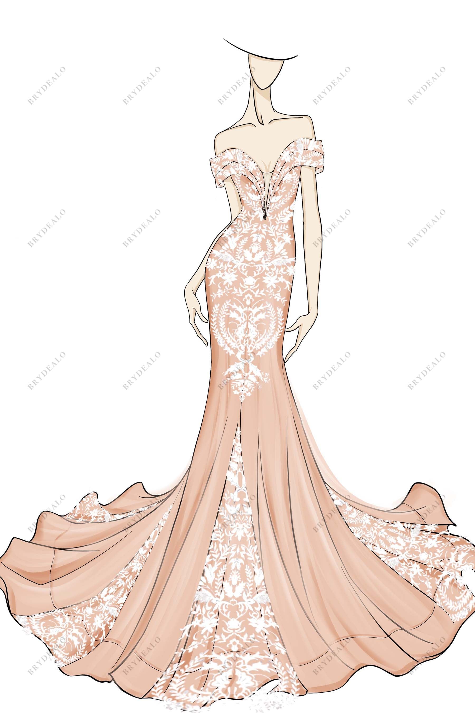 Ivory Lace Dusty Pink Mermaid Custom Wedding Dress Sketch