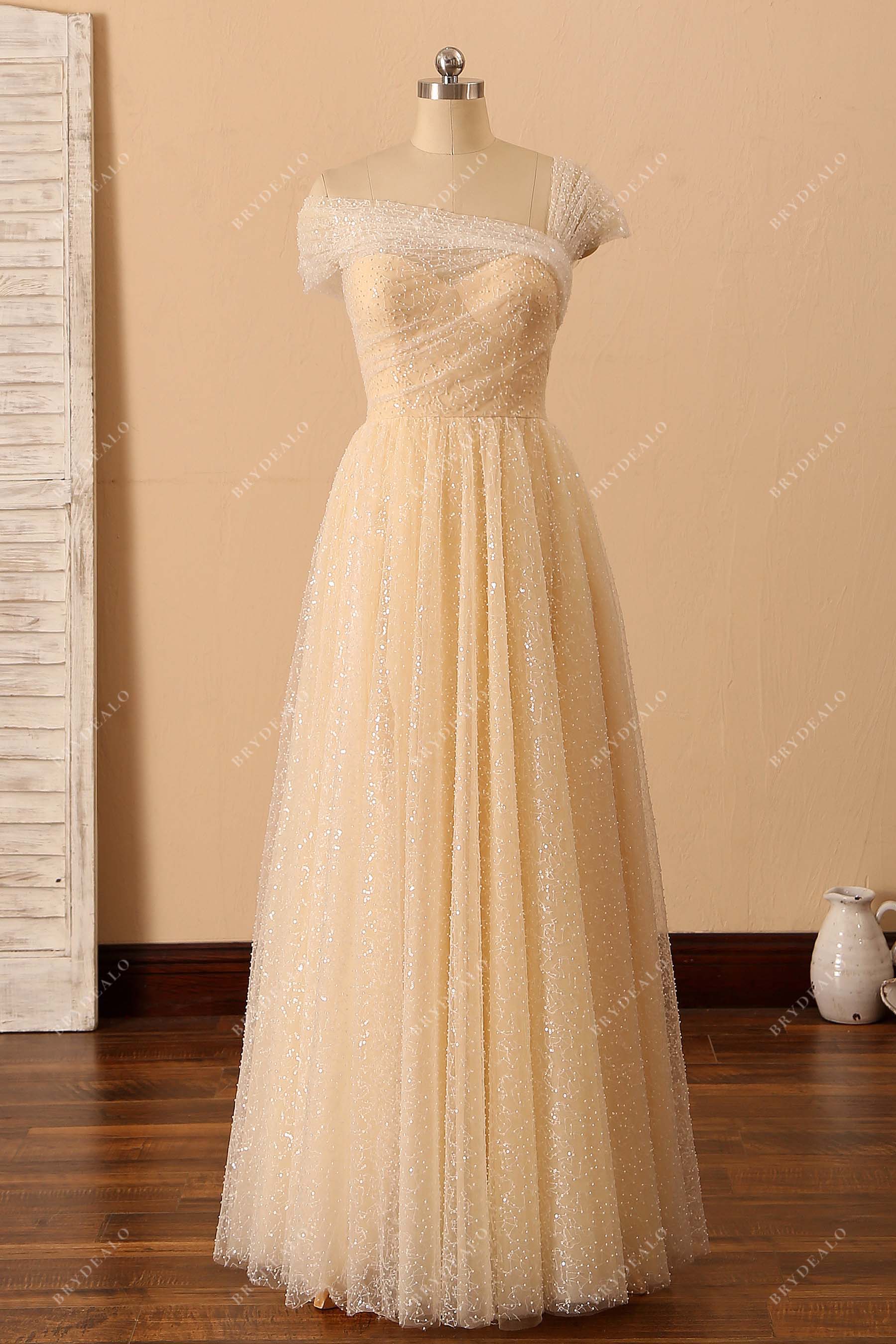 champagne ivory prom dress Sparkly A-line V Neck Sequins Tulle Prom Dresses Long Formal Dresses US10 / Custom Color