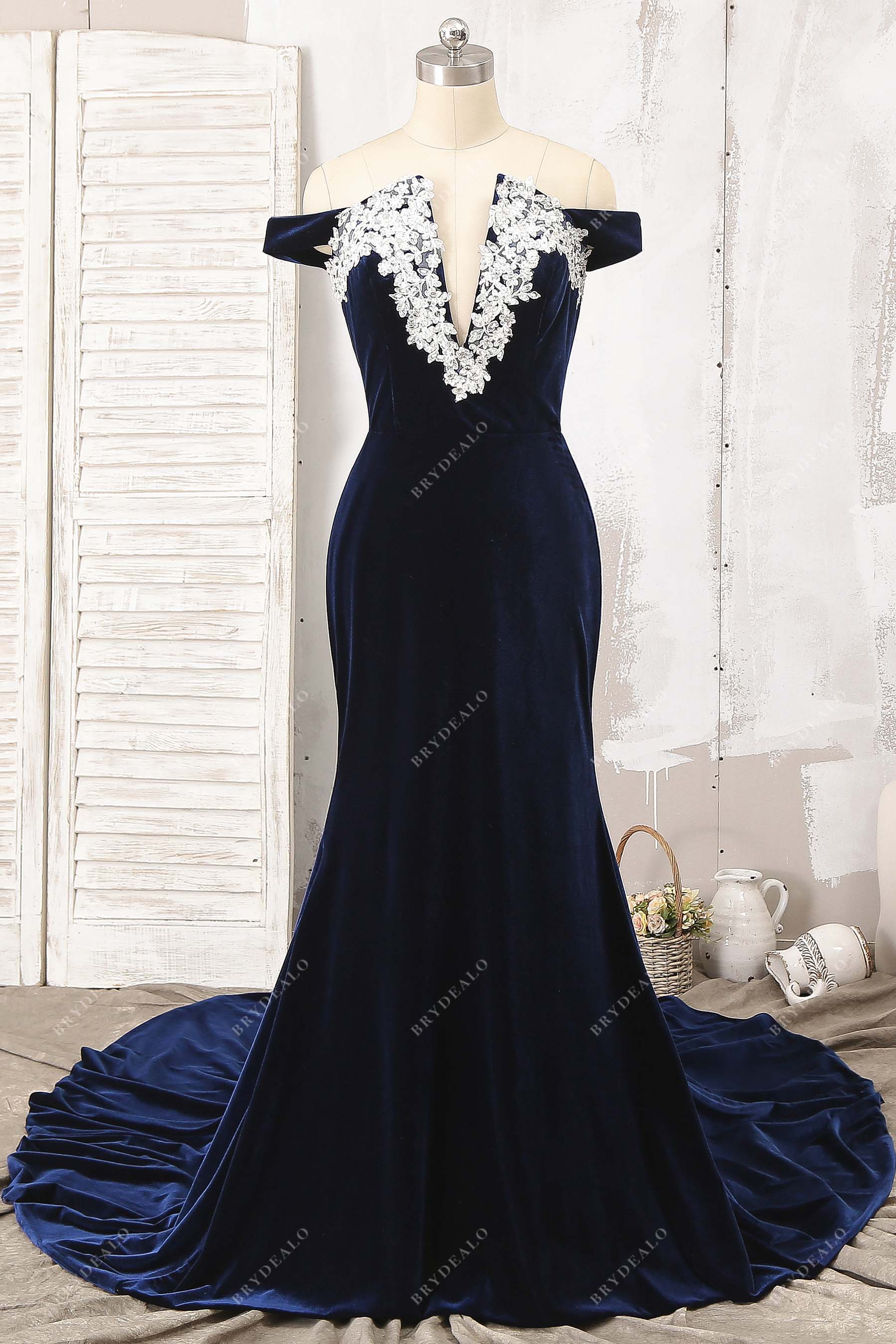 Navy Velvet Off Shoulder Mermaid Bridesmaid Dress