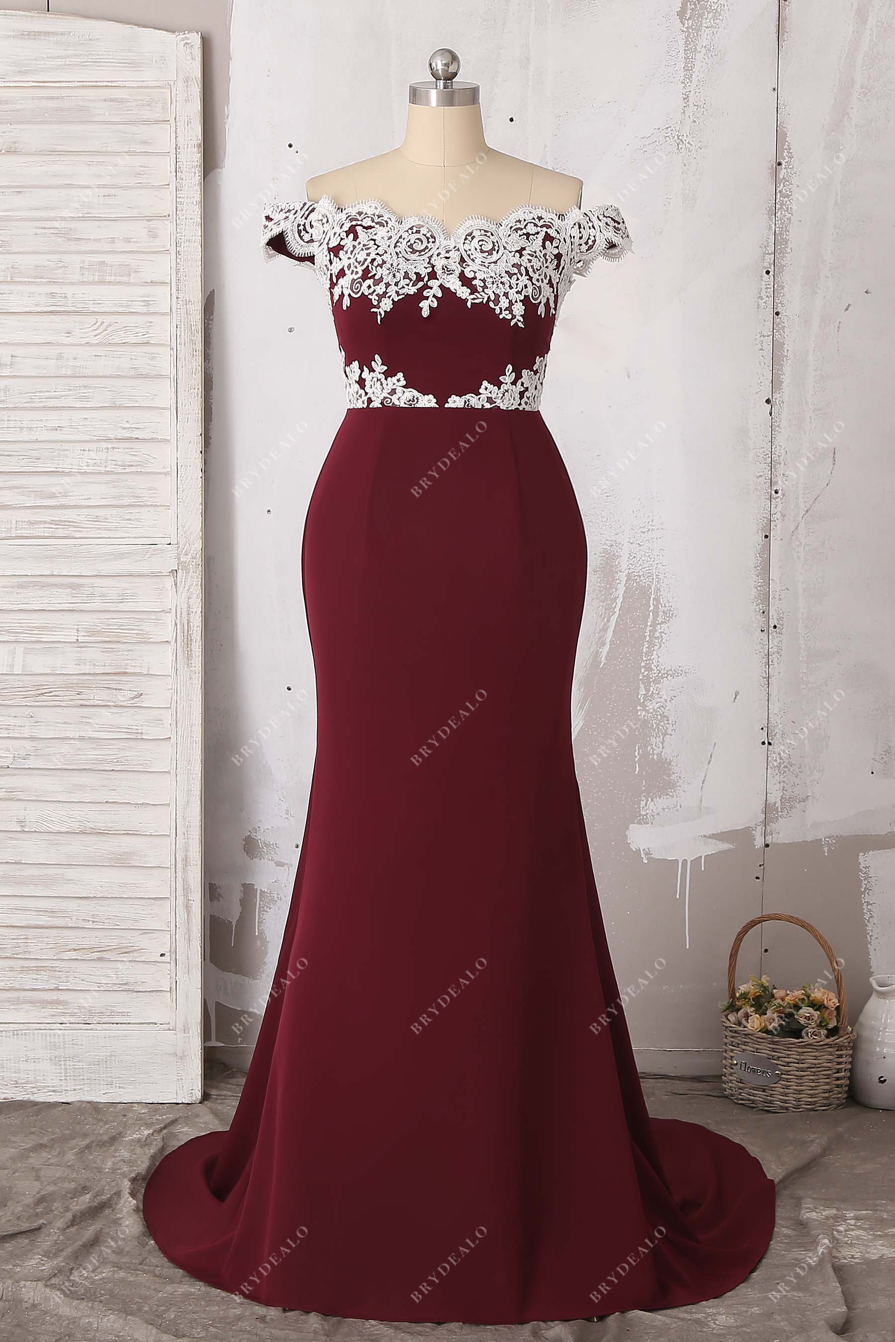 White Lace Off-the-shoulder Burgundy Bridesmaid Dress White Lace Off-the-shoulder Burgundy Bridesmaid Dress