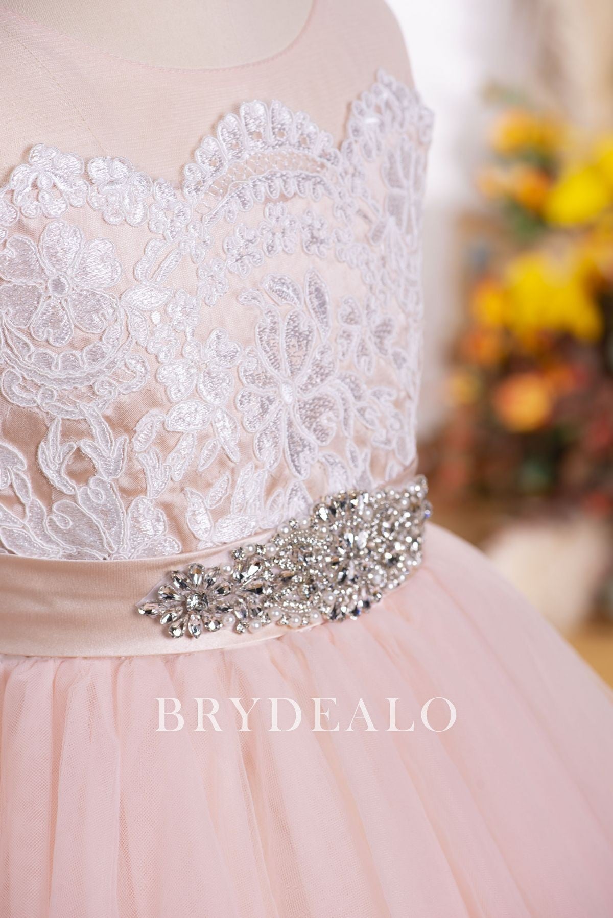 Ivory Lace Pink Knee Length Tiered Flower Girl Dress