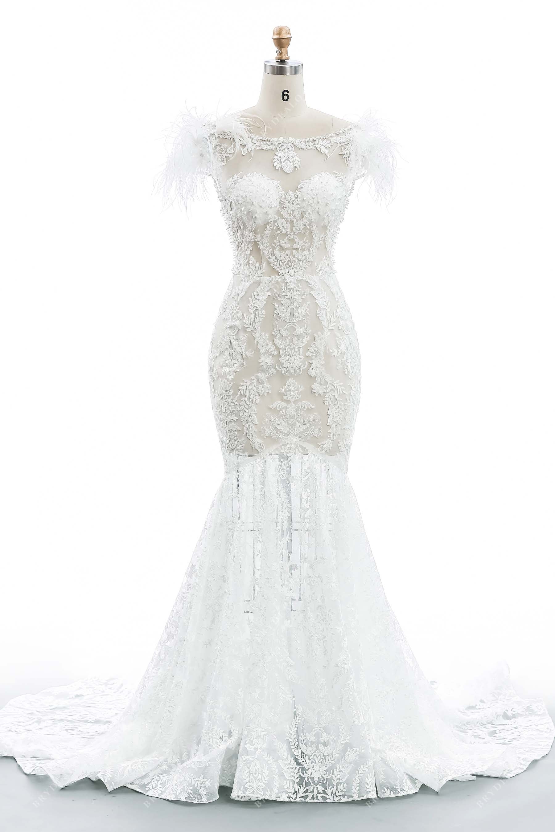 Lace Pearls Feather Sheer Mermaid Wedding Dress