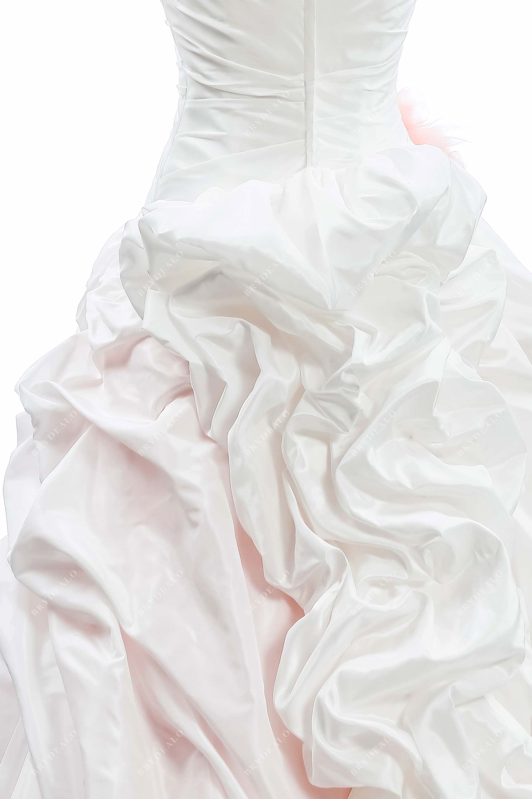 ivory taffeta pink long pick-up wedding dress
