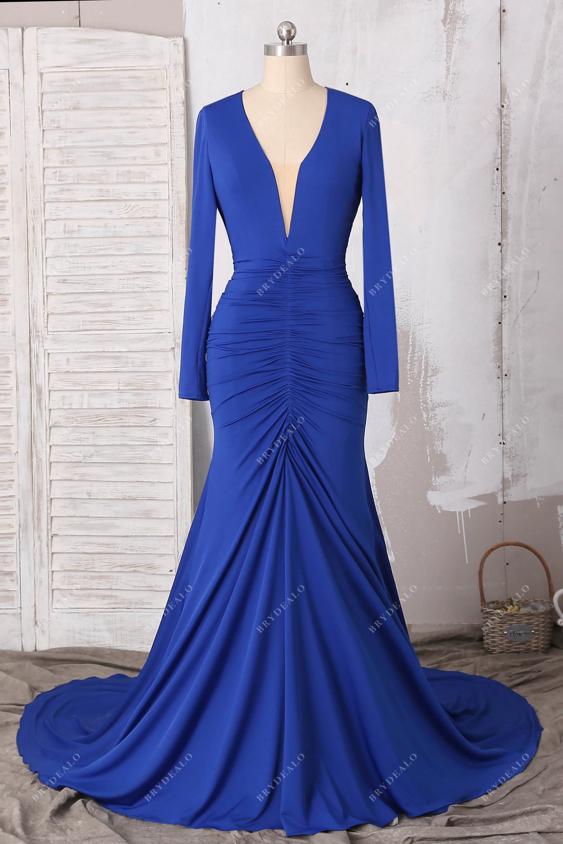 knee length dresses for ladies Royal Blue Deep V-Neck Draped Mermaid Long Prom Dress
