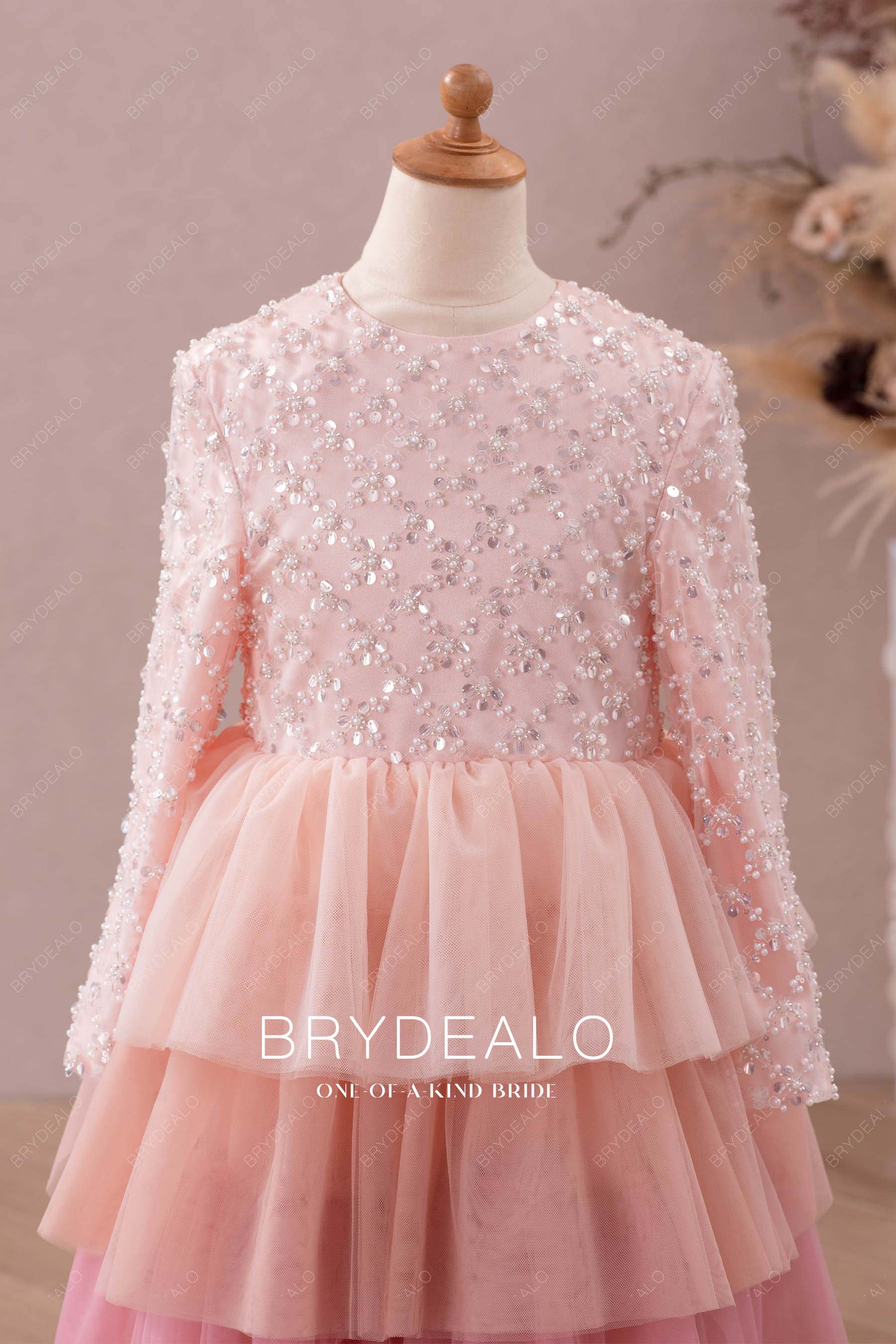 jewel neck sleeved sparkly flower girl dress