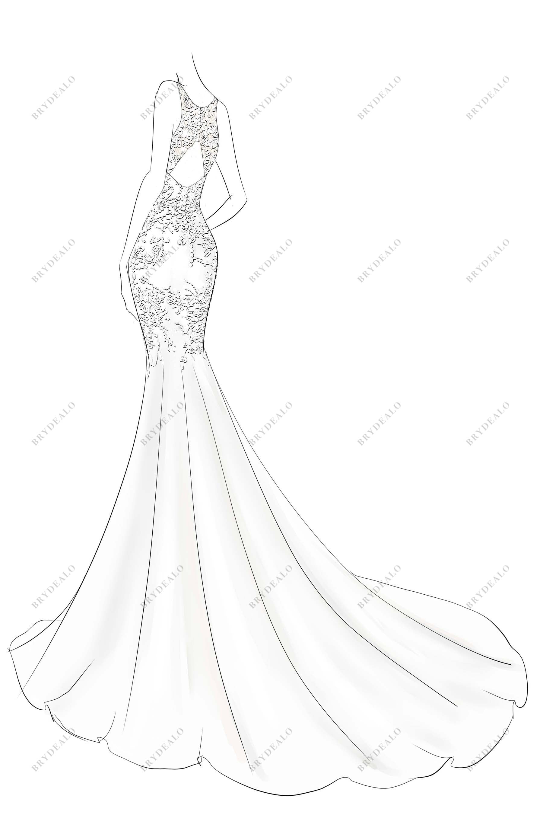 Keyhole Back Custom-made Lace Satin Mermaid Dress Sketch