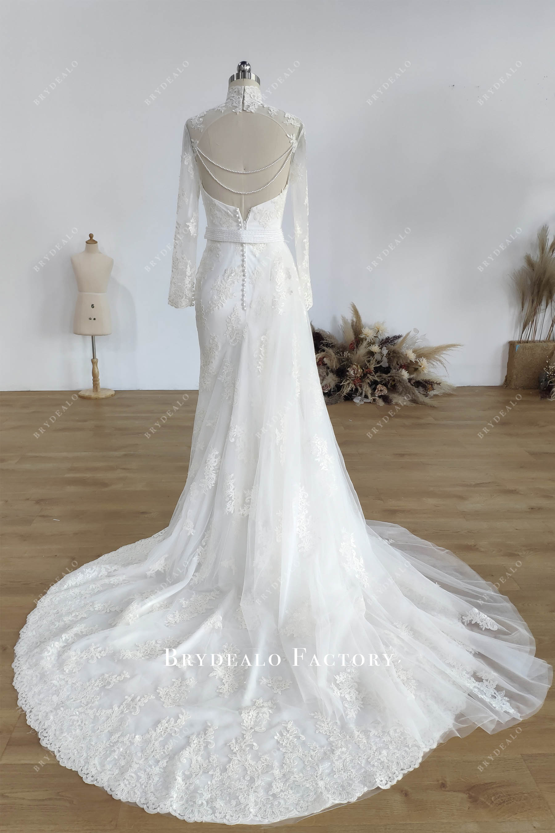keyhole back pearl chain chapel wedding dress
