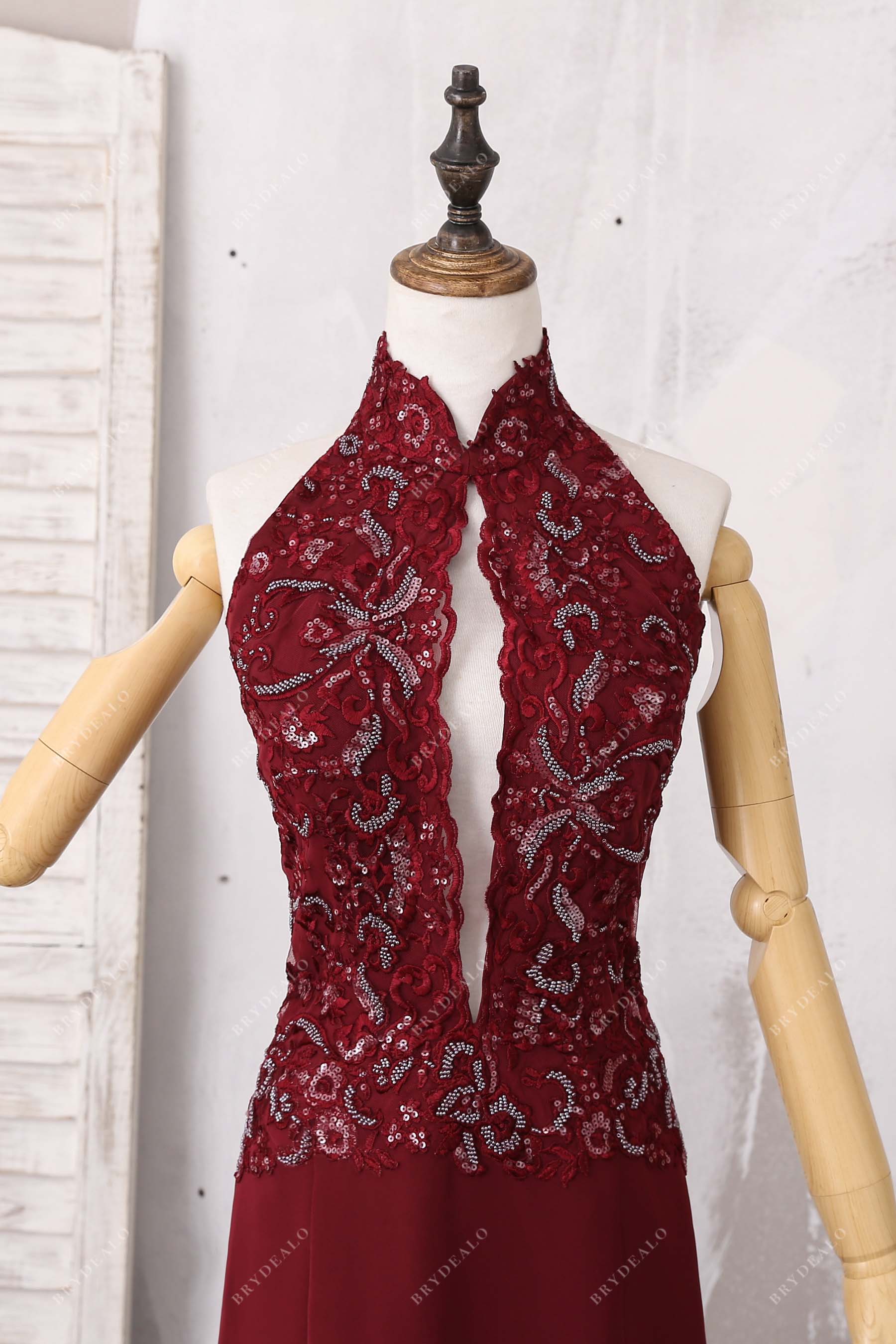 keyhole lace halter neck prom dress