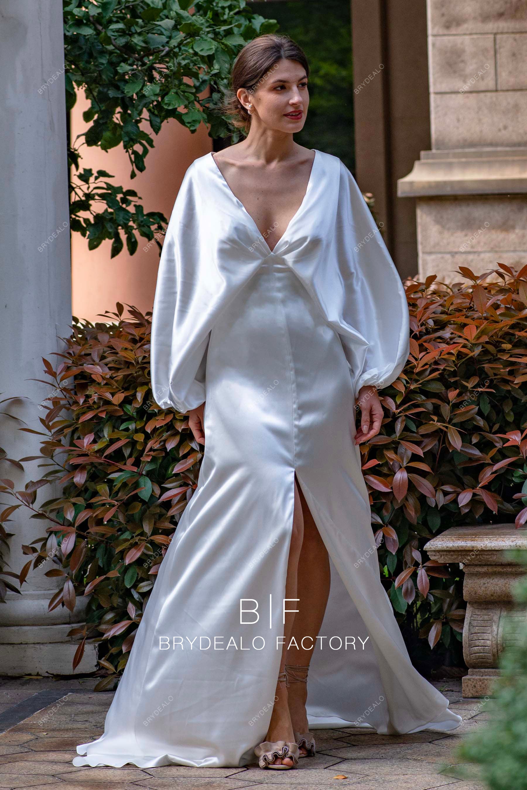 Simple Kimono Sleeve Silky Satin Wedding Dress Sample Sale