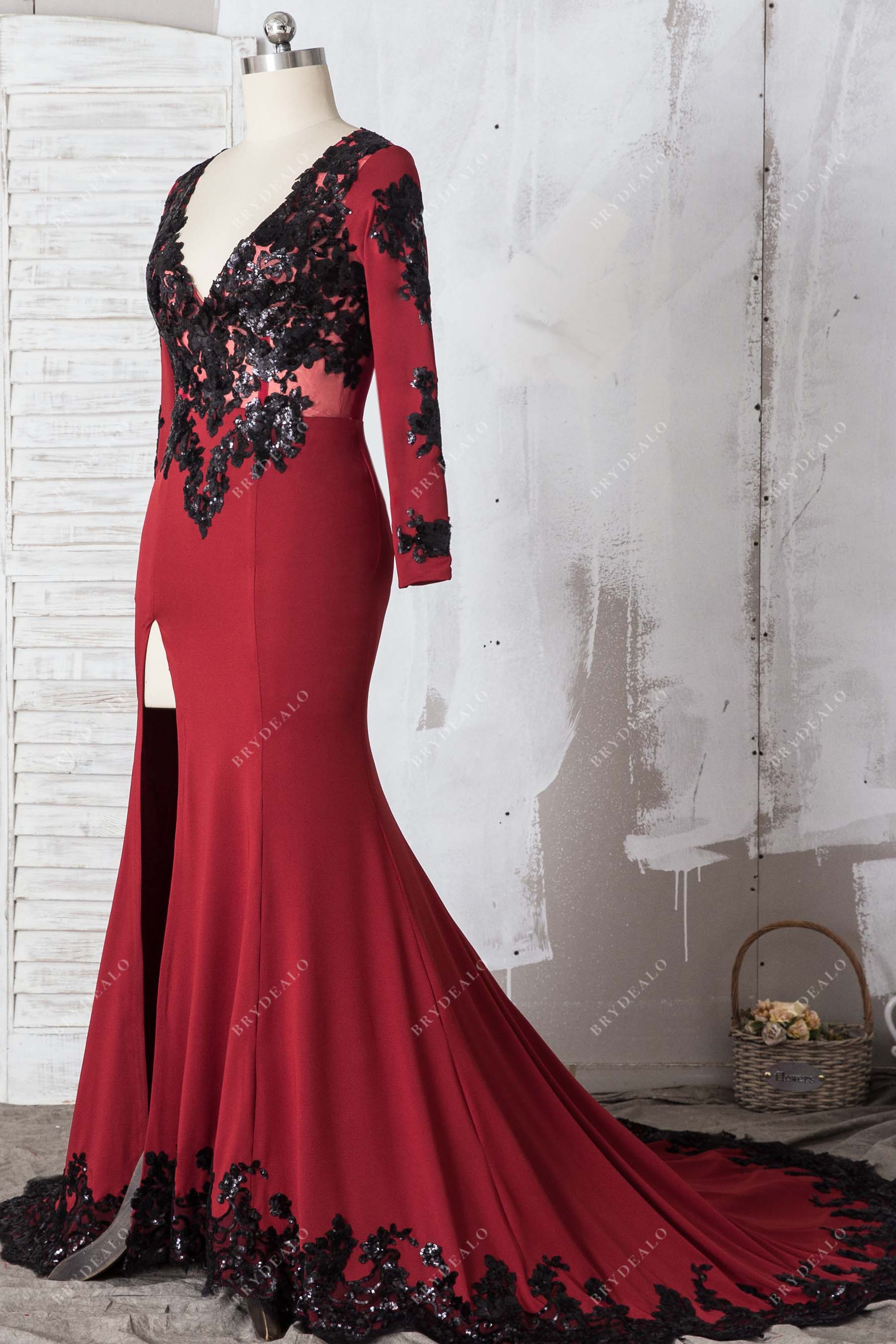 knit mermaid slit black sequin prom gown