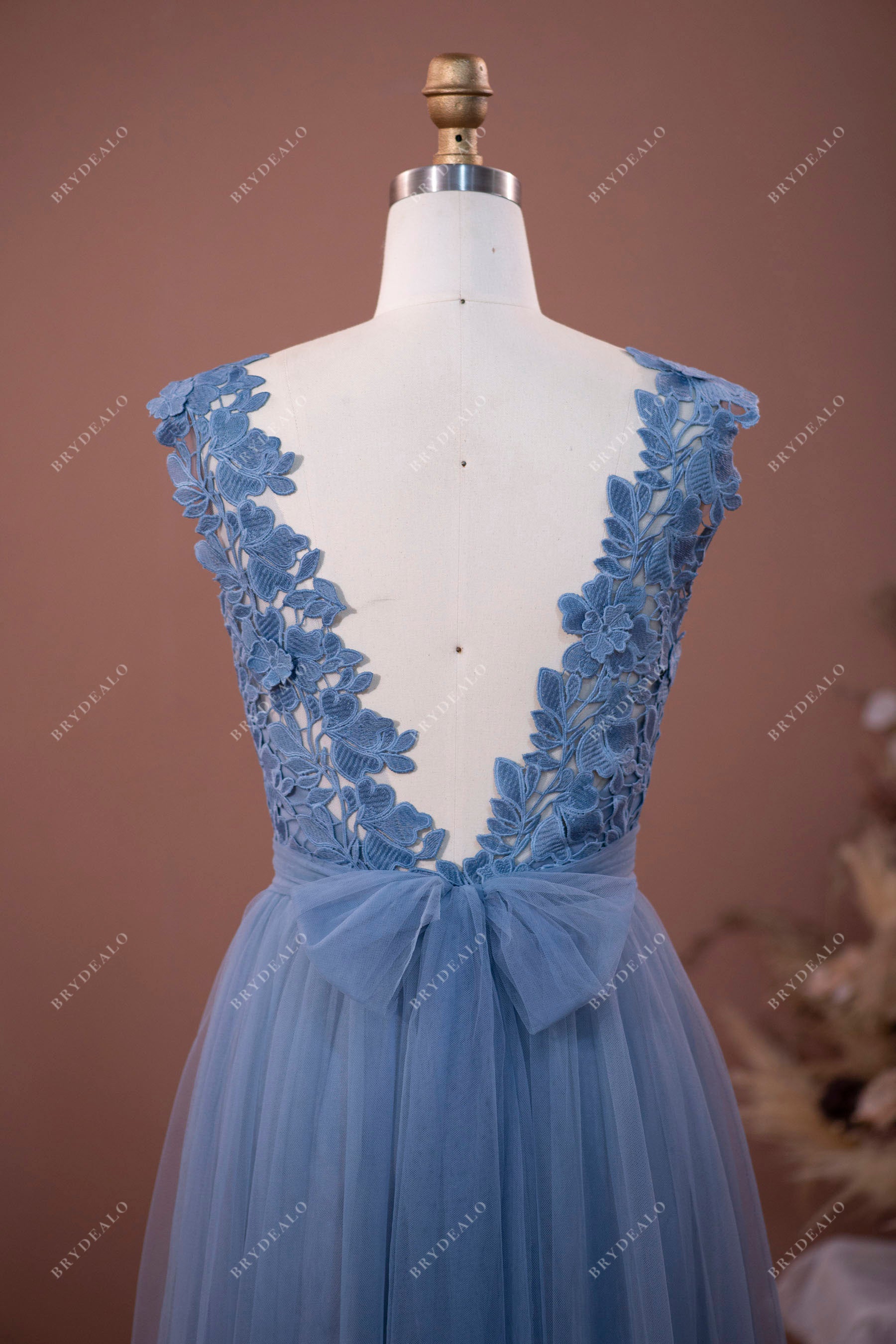 Dusty Blue Lace Tulle Illusion Neck A-line Bridesmaid Dress with Sash
