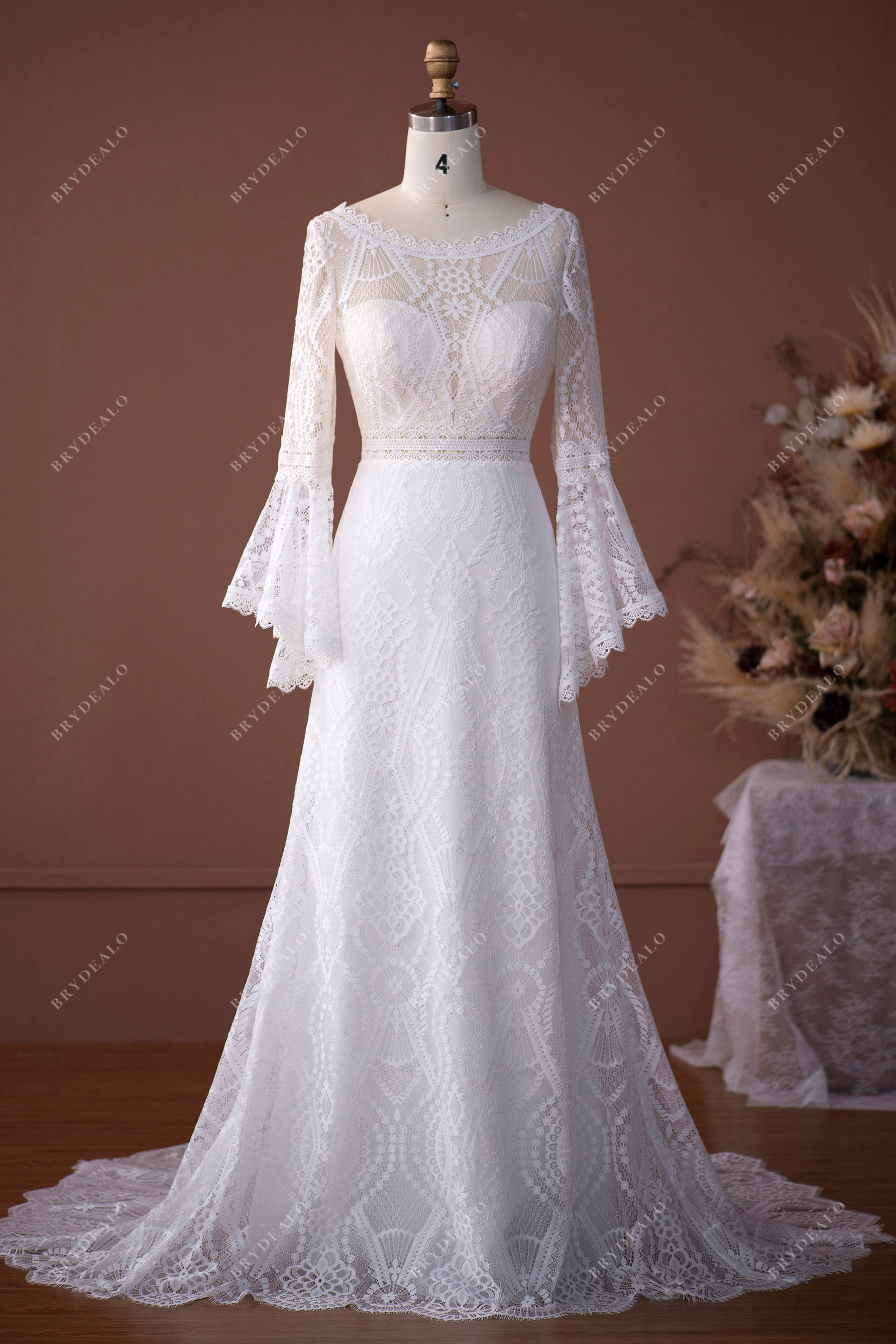 Lace Bell Sleeves Illusion Scalloped Bridal Dress