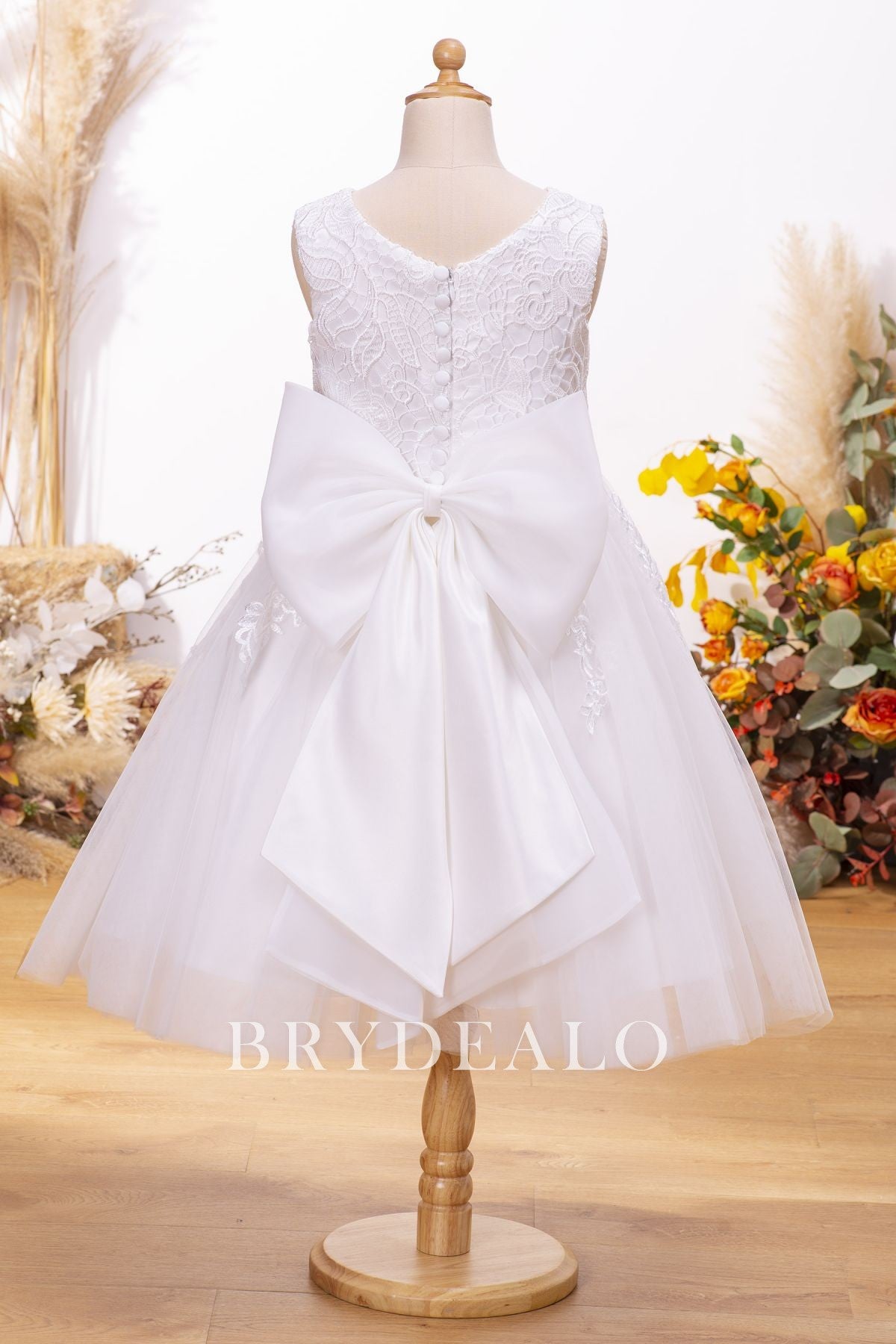 girls ivory dress Ivory Lace Tulle Bow Tea Length Flower Girl Dress