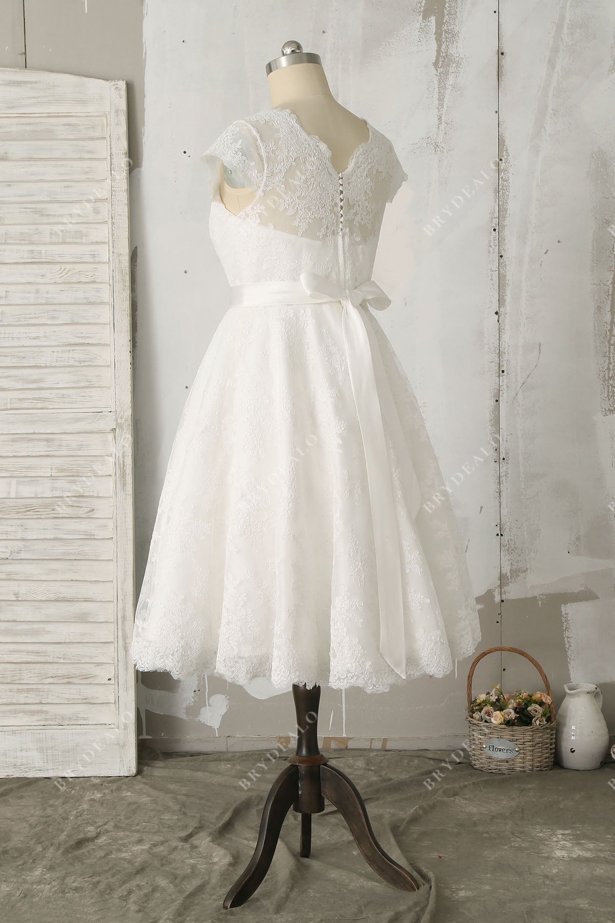 lace cap sleeve illusion tea length wedding dress