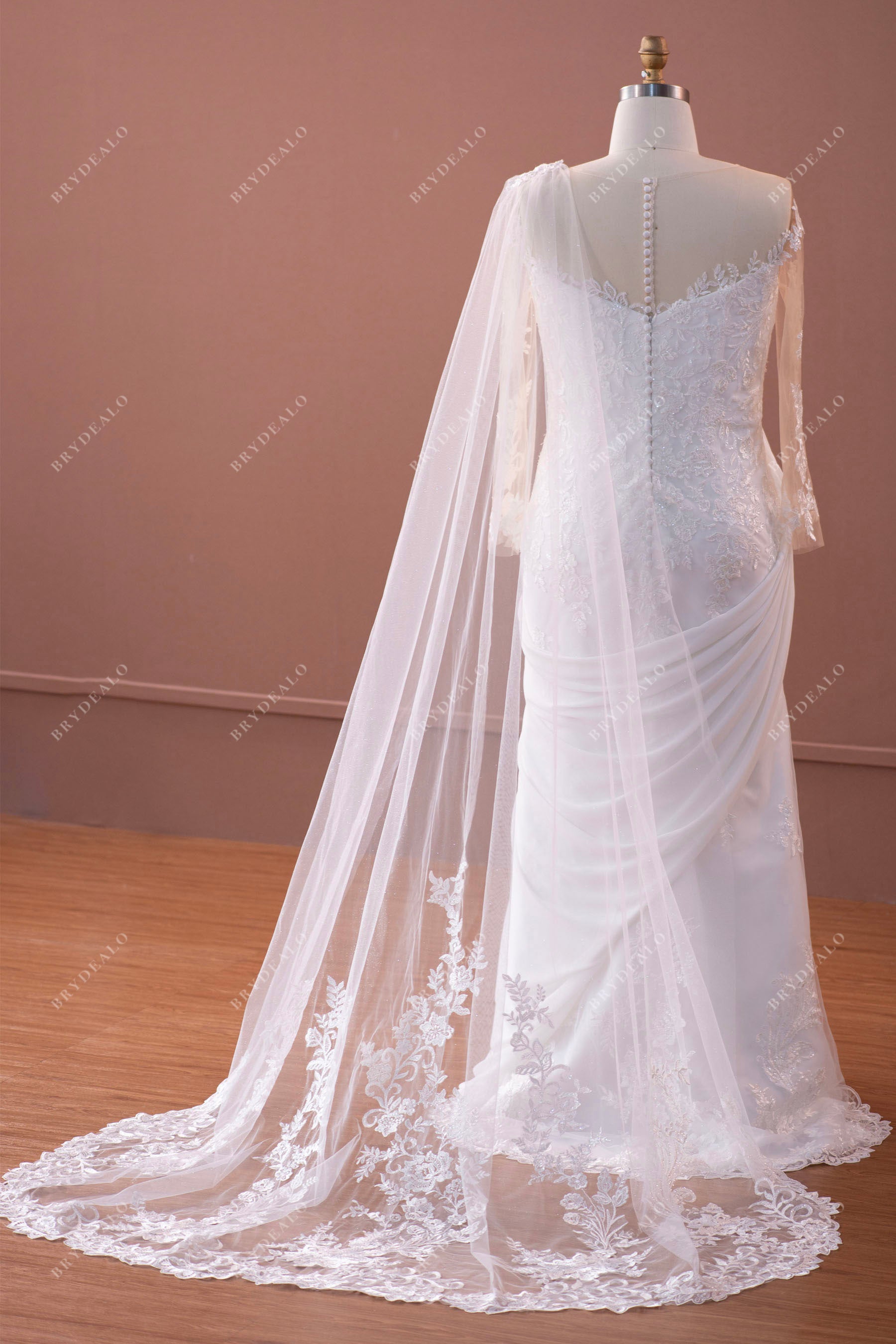 illusion lace detachable sari cape wedding gown