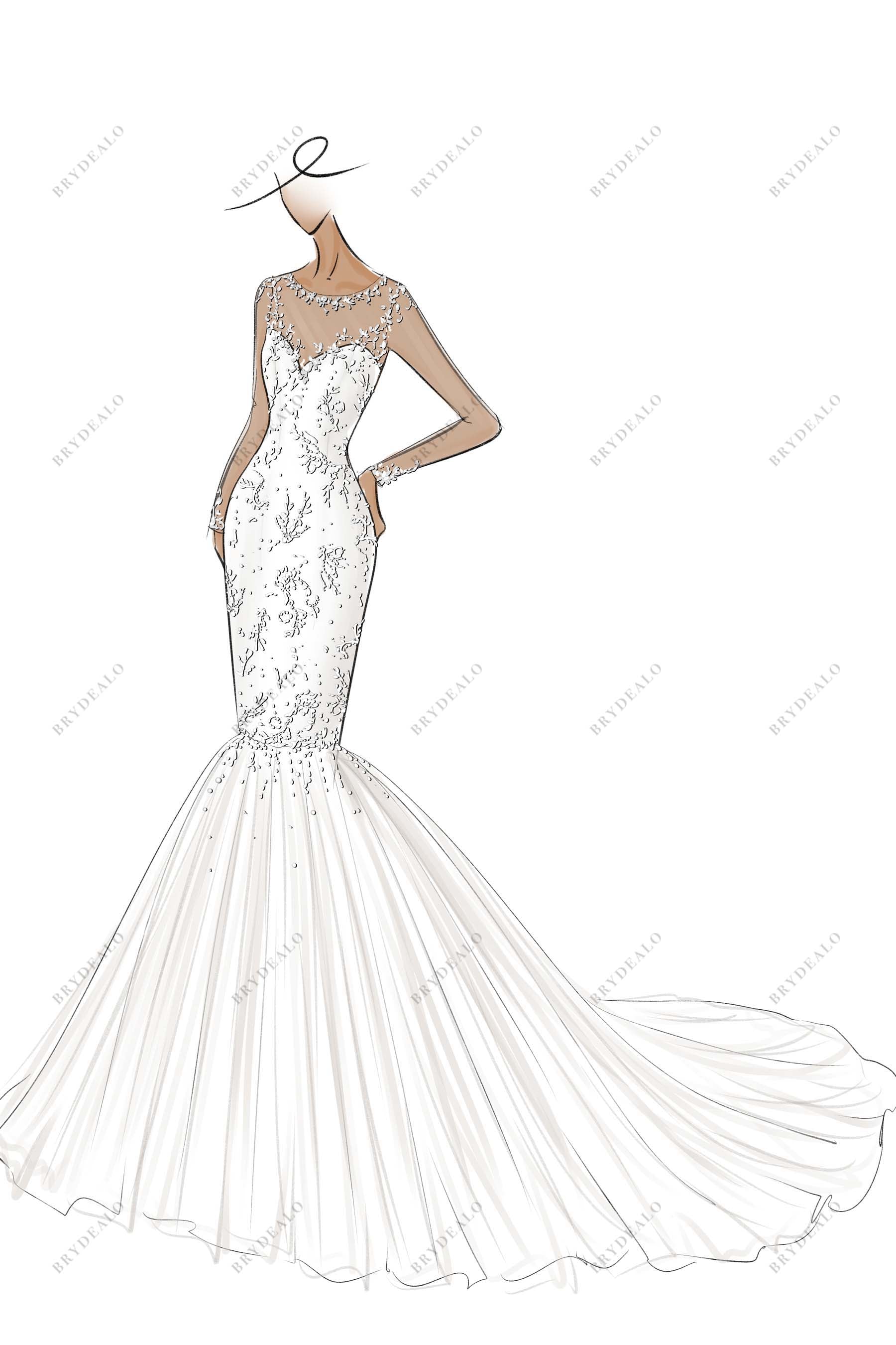 Lace Illusion Neck Tulle Designer Trumpet Bridal Dress Sketch