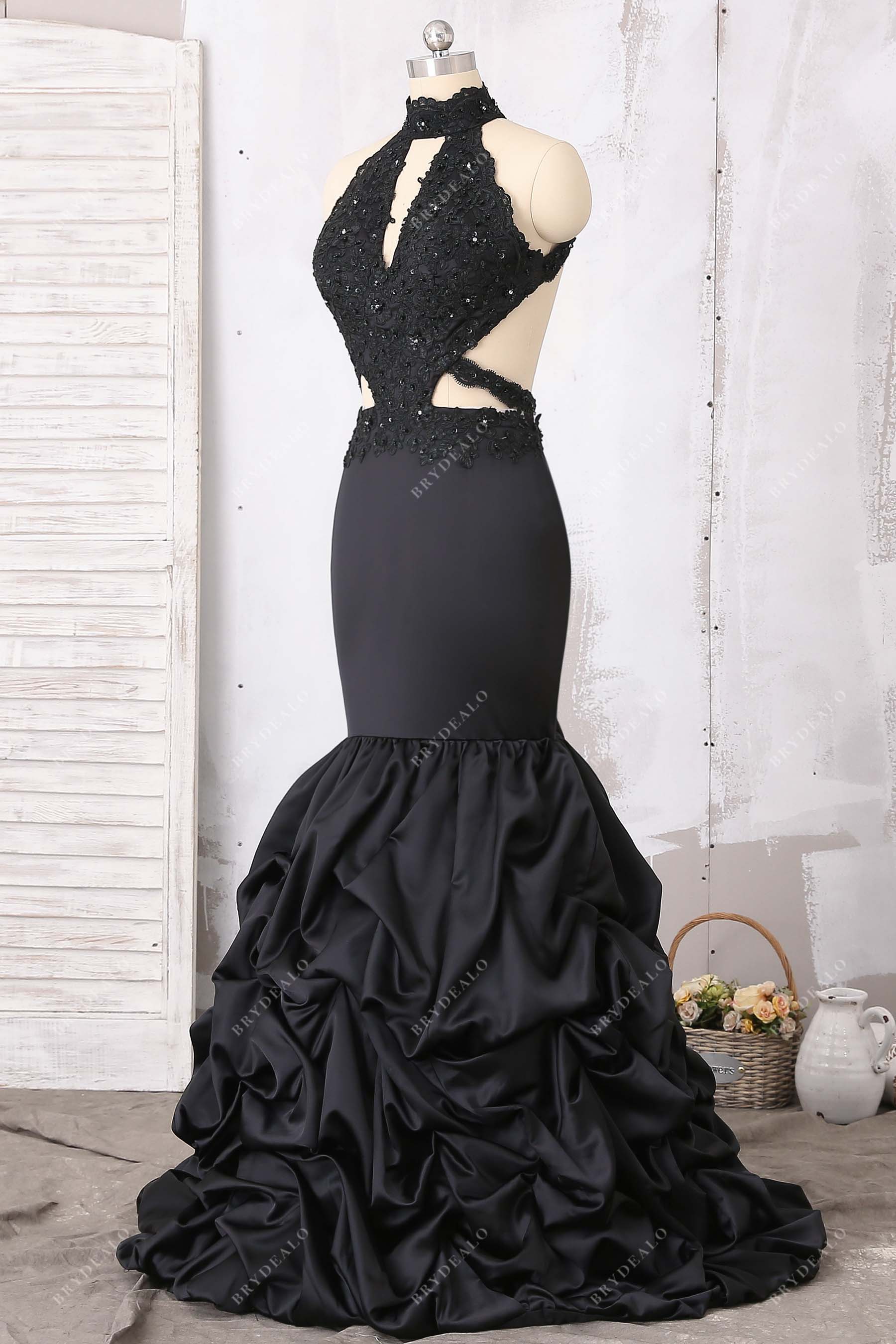 lace satin cutouts pick-up mermaid prom dress