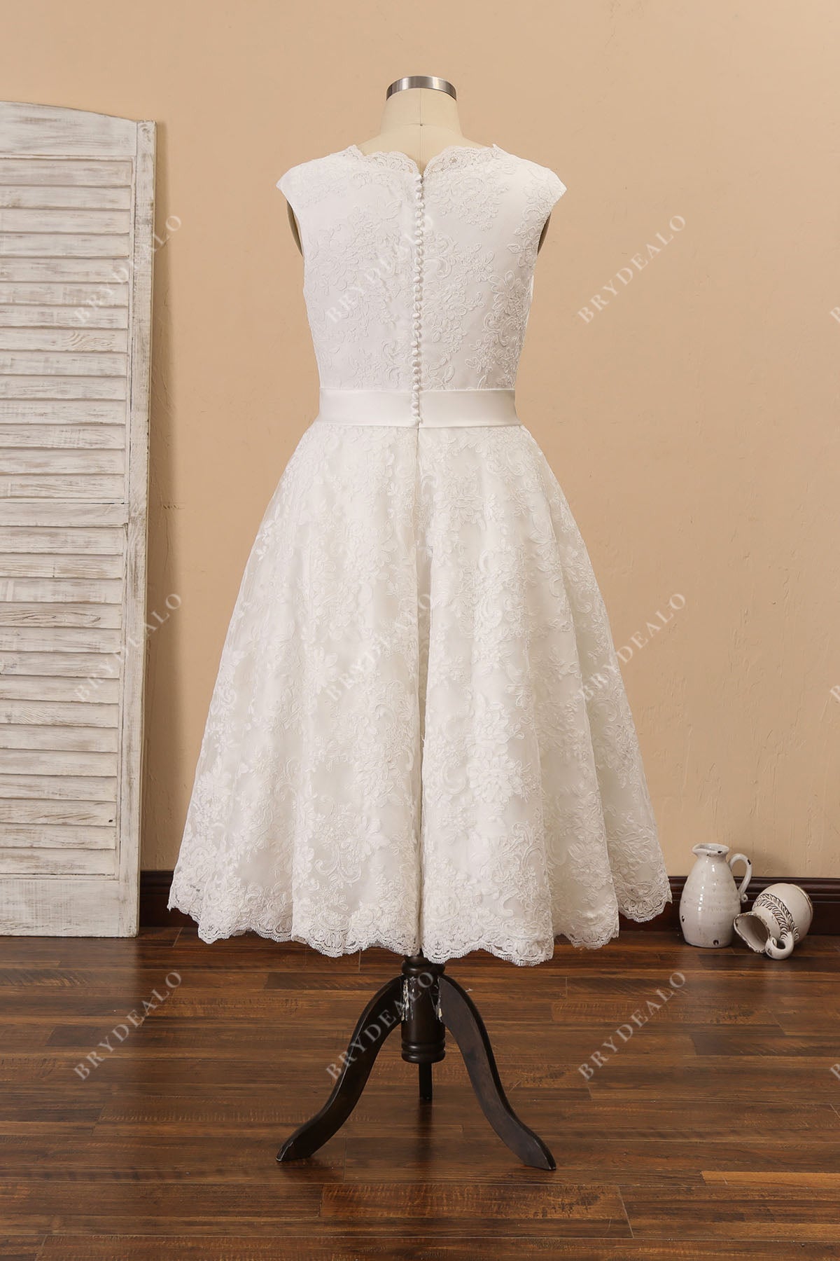 lace scalloped tea length cap sleeve wedding dress