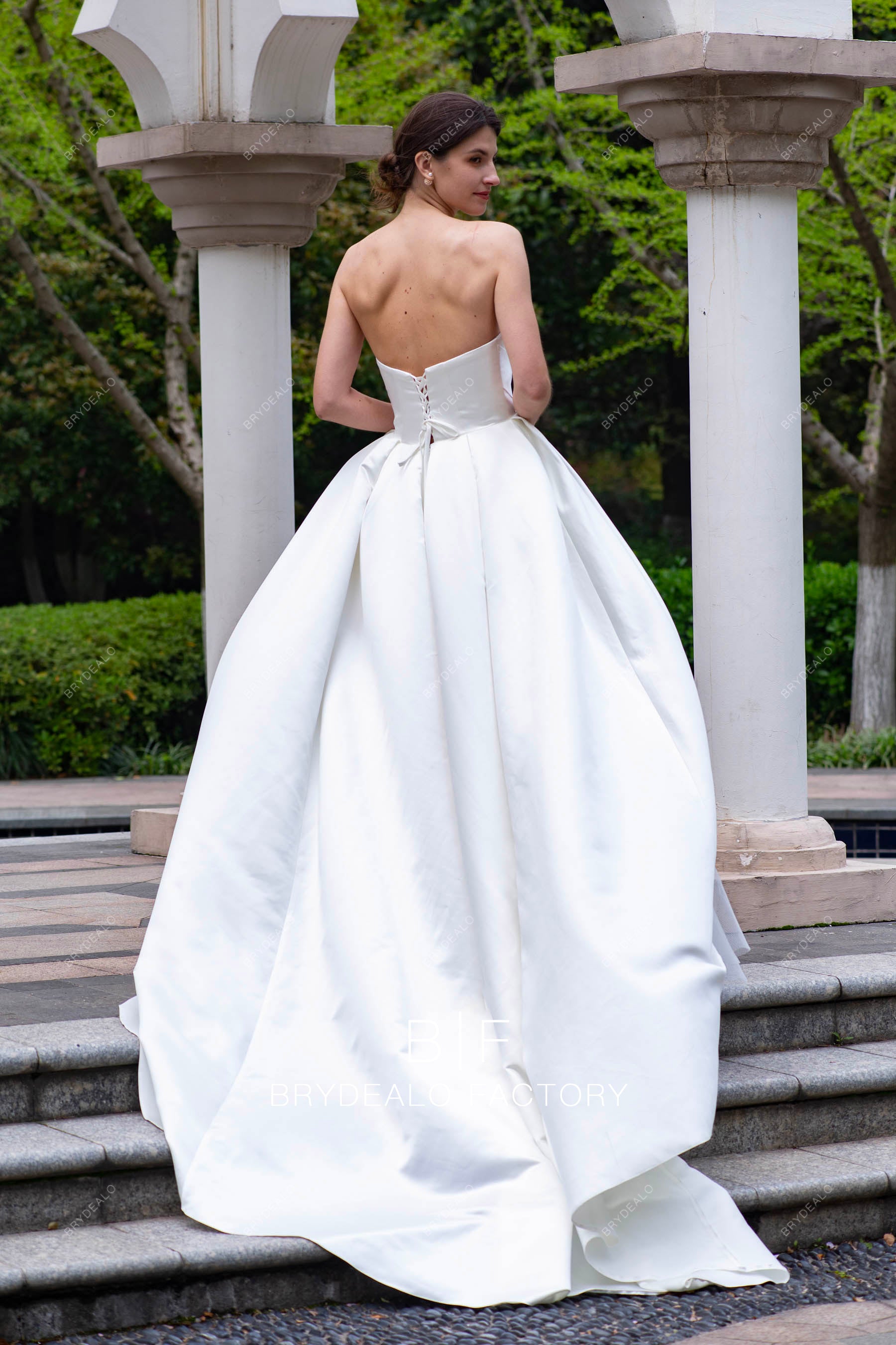 lace up back long satin wedding dress
