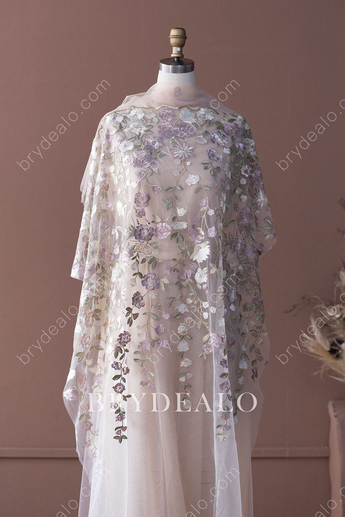 Lavender Flower Green Leaf Embroidery Lace Fabric
