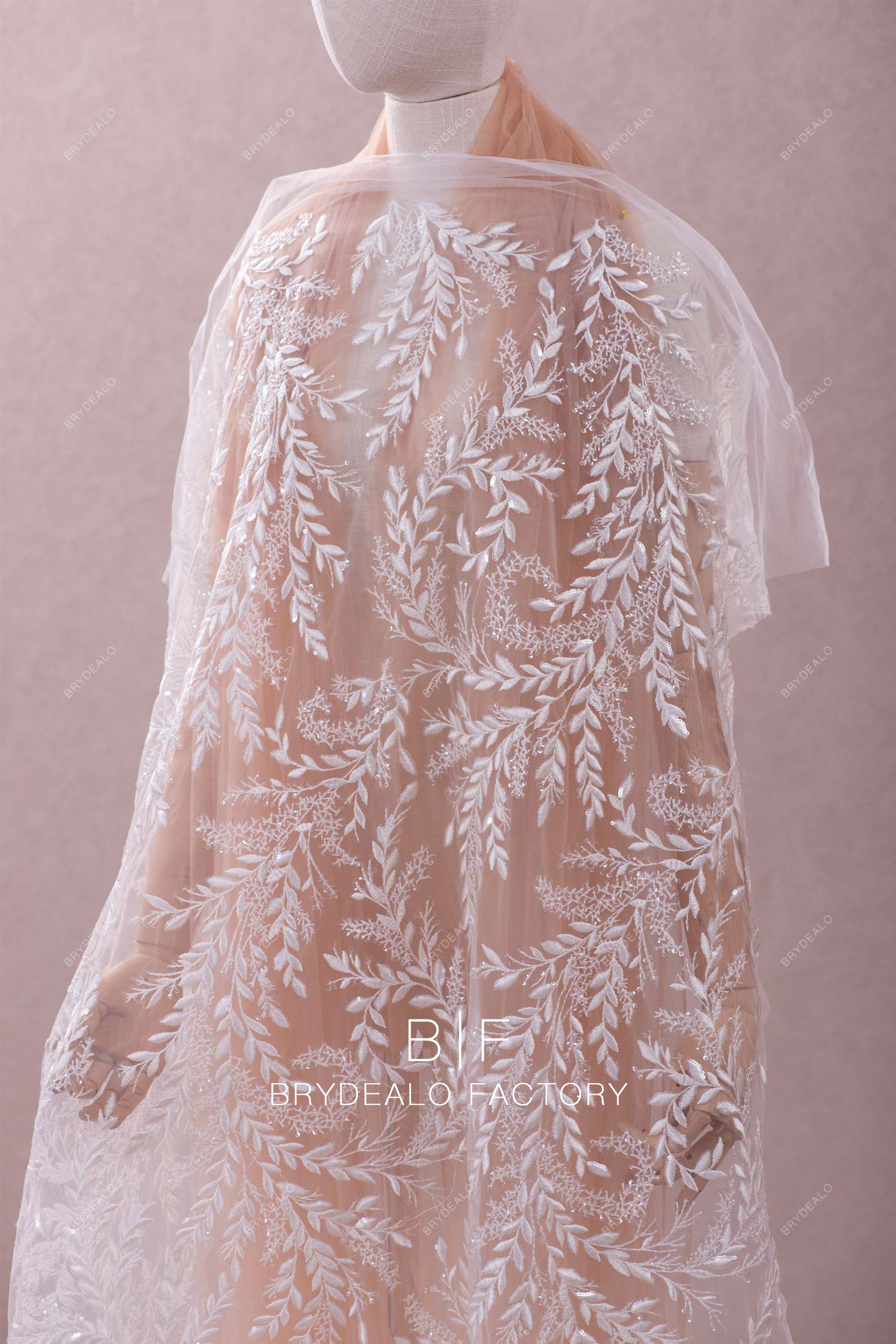 Two-Tone Leaf Motif Sequined Lace Fabric on Sheer Mesh Base with Pearlescent Beaded Details