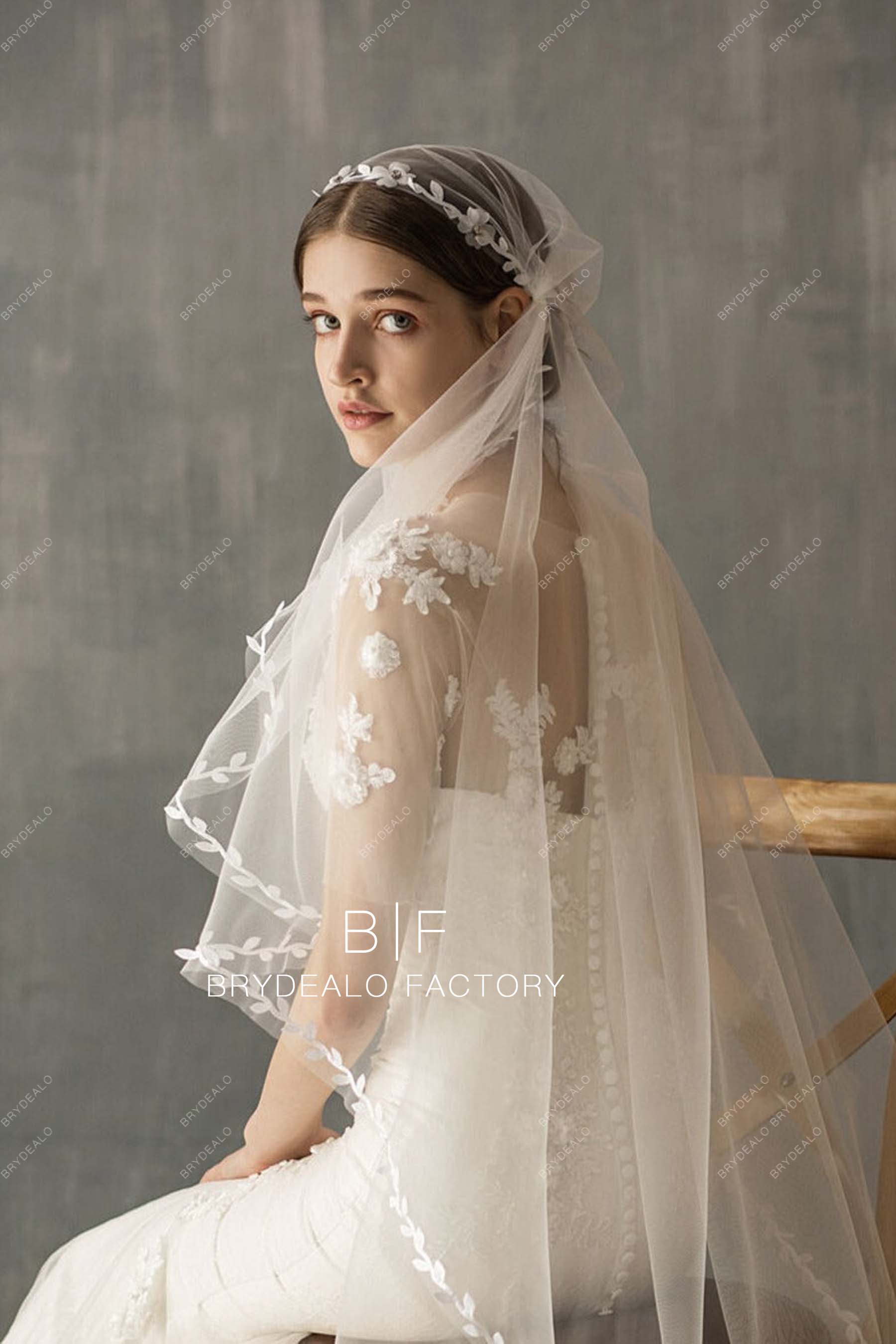 Ballet Length Wedding Veil Leaves Lace Trim Cap Bridal Veil