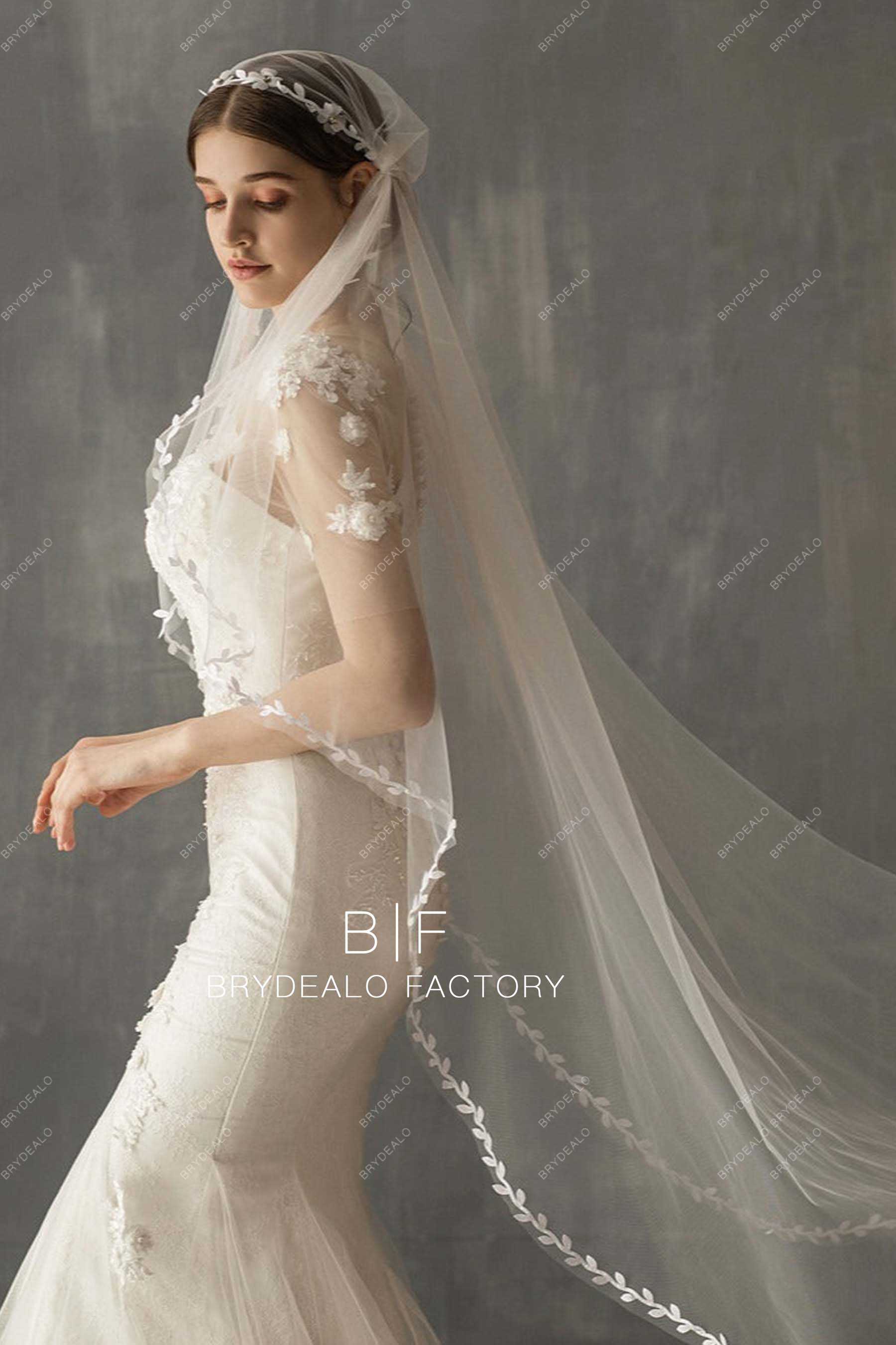 Leaves Lace Trim Wedding Cap Veil