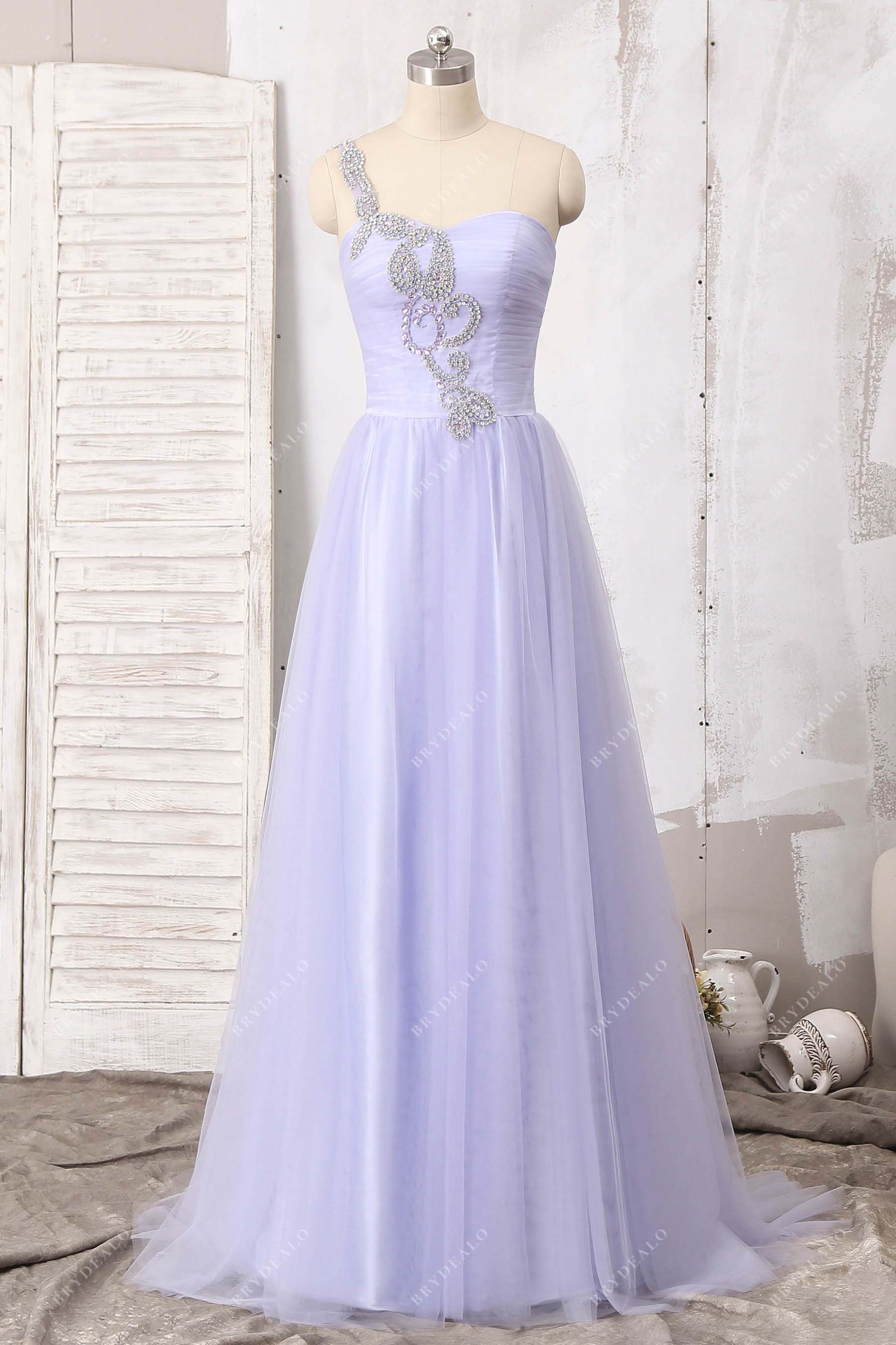 Beaded One Strap Shoulder Lavender Tulle Prom Dress Beaded One Strap Shoulder Lavender Tulle Prom Dress