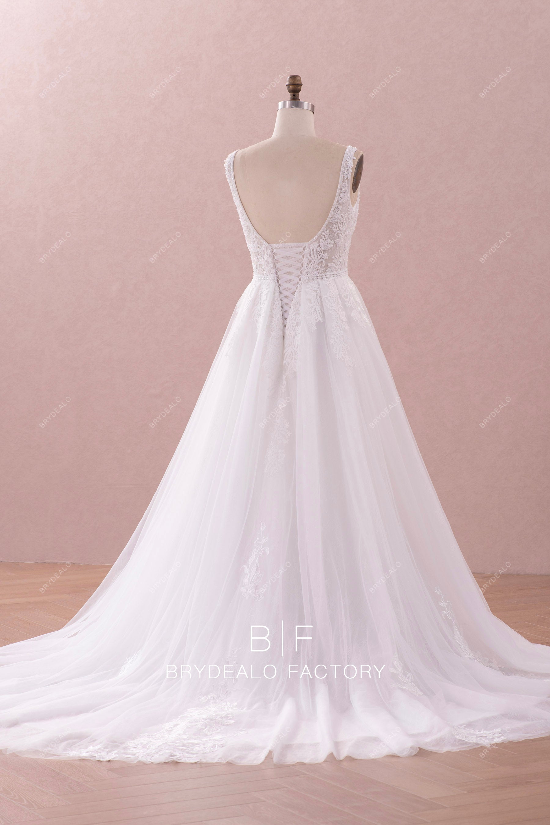 long beaded lace up wedding dress