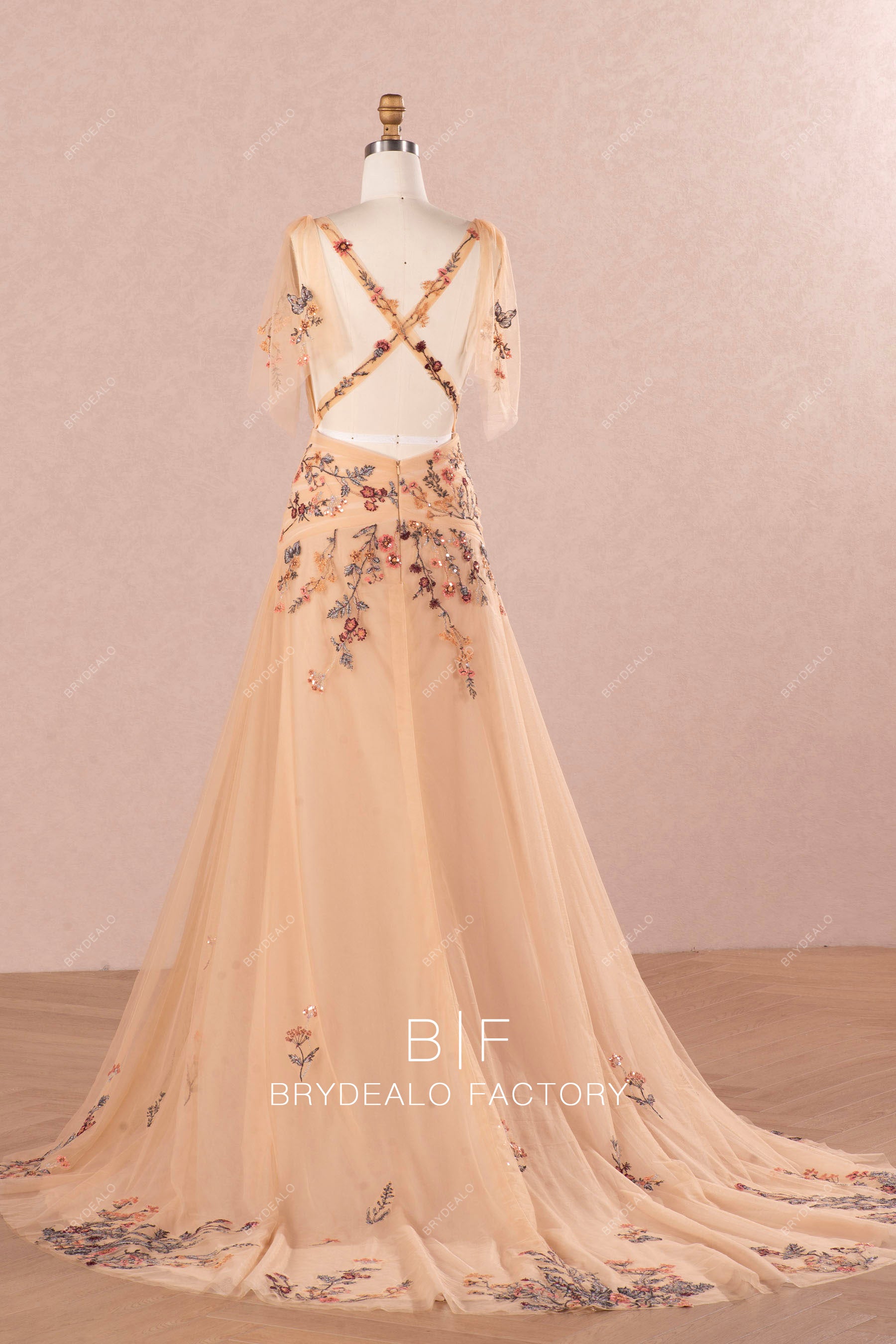 long boho criss-cross fit flare wedding dress