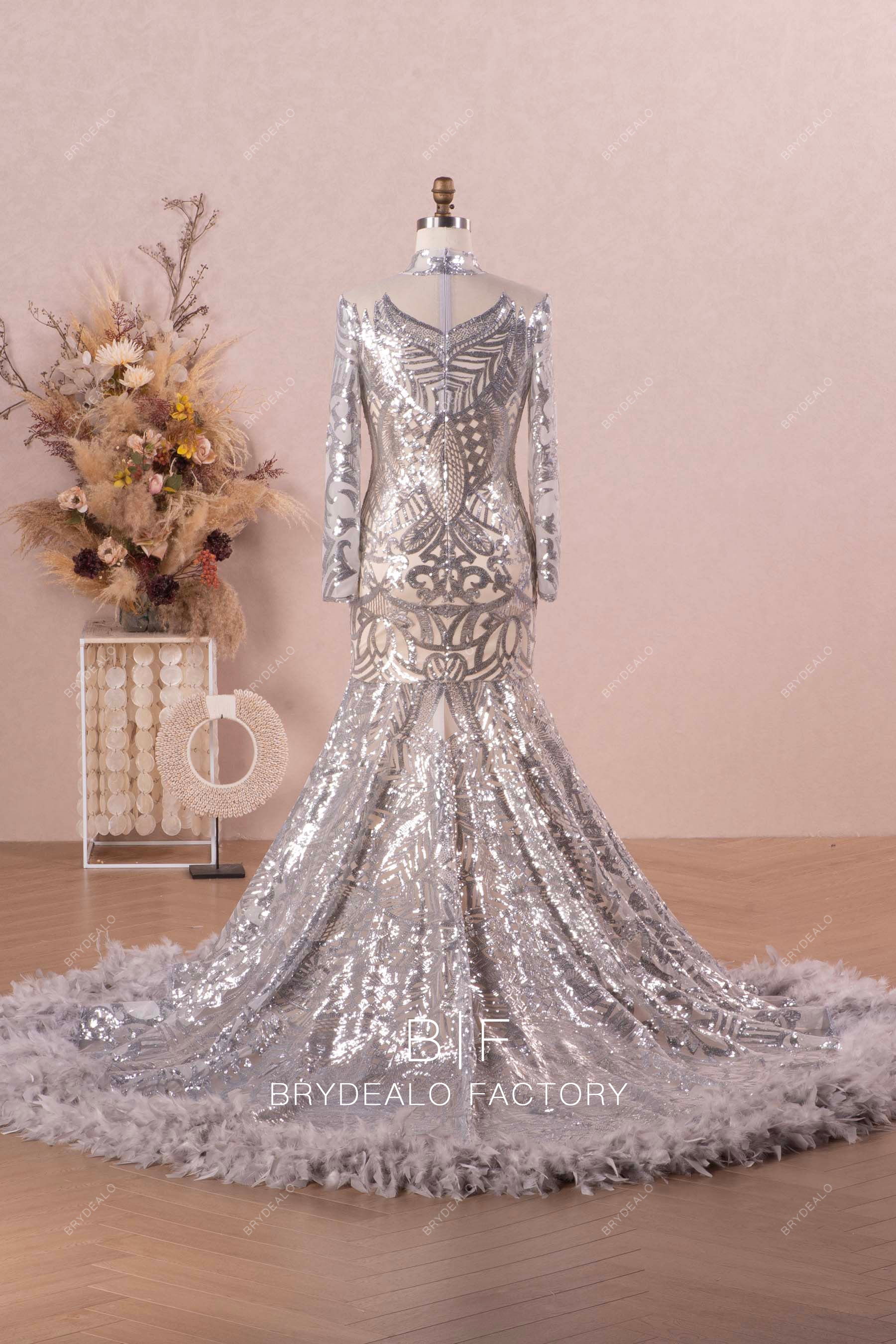 long feather patterned sequin mermaid prom dress