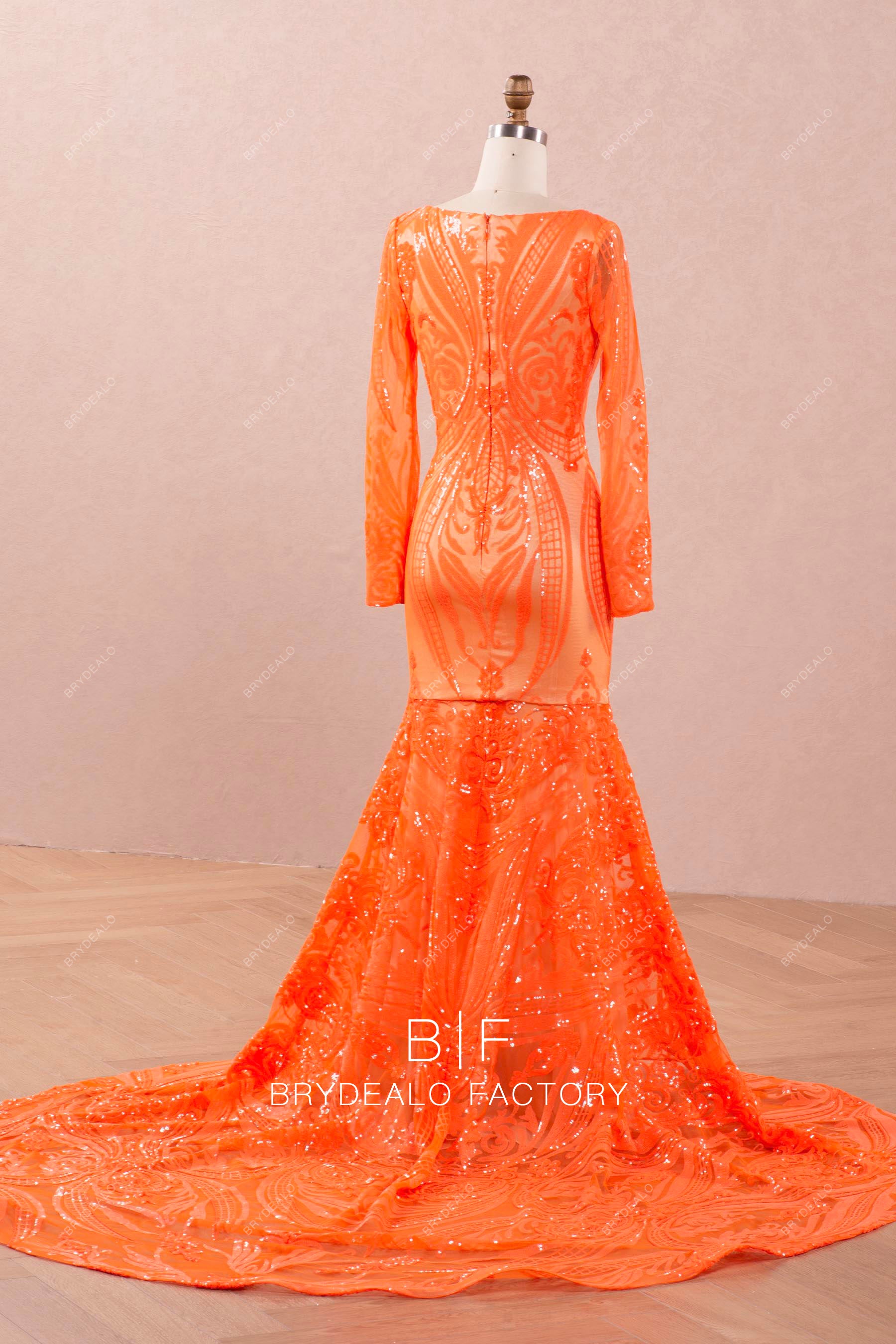 Orange Long Sleeve V-neck Patterned Sequin Prom Dress