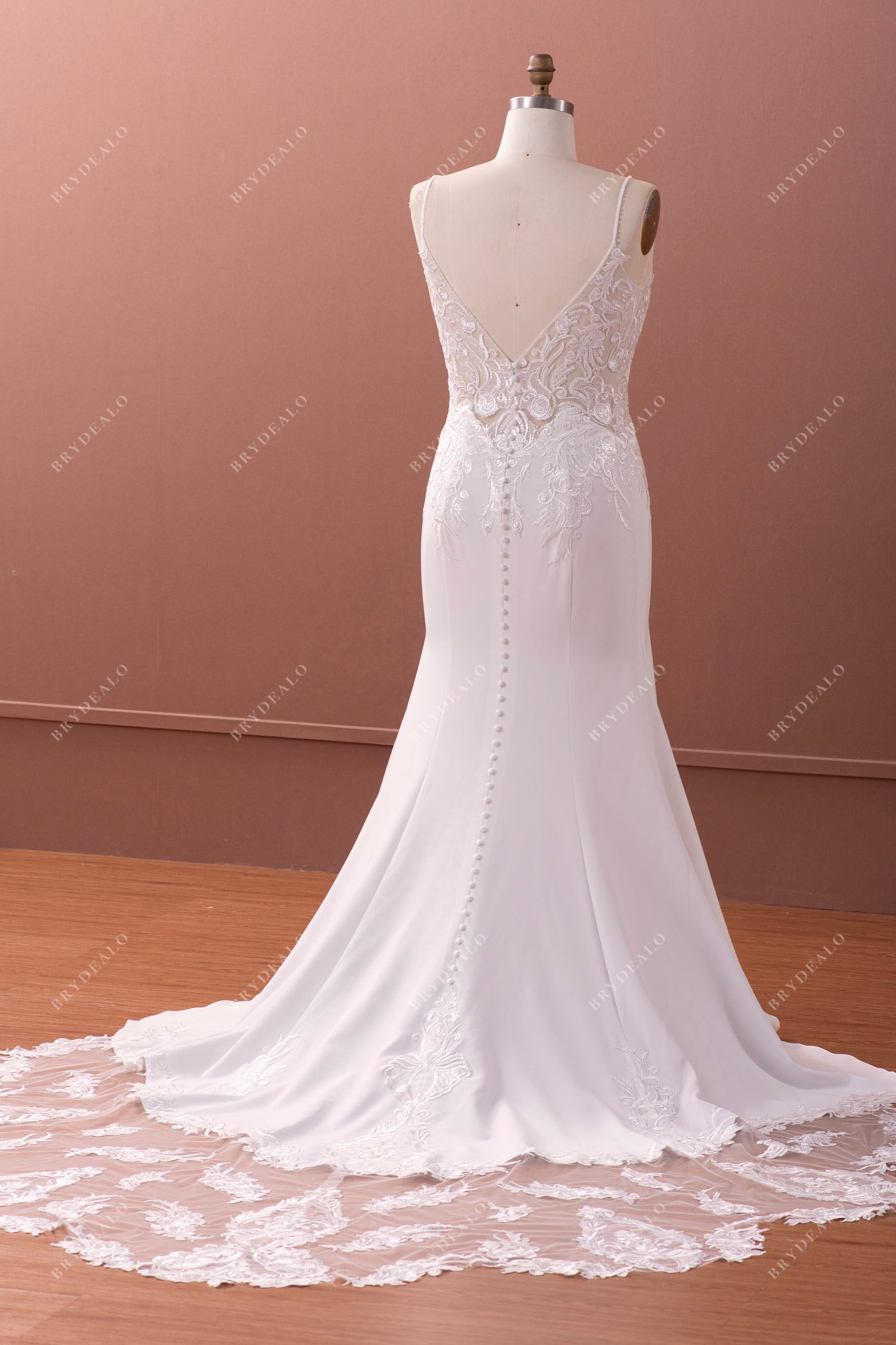 long mermaid crepe bridal gown illusion train