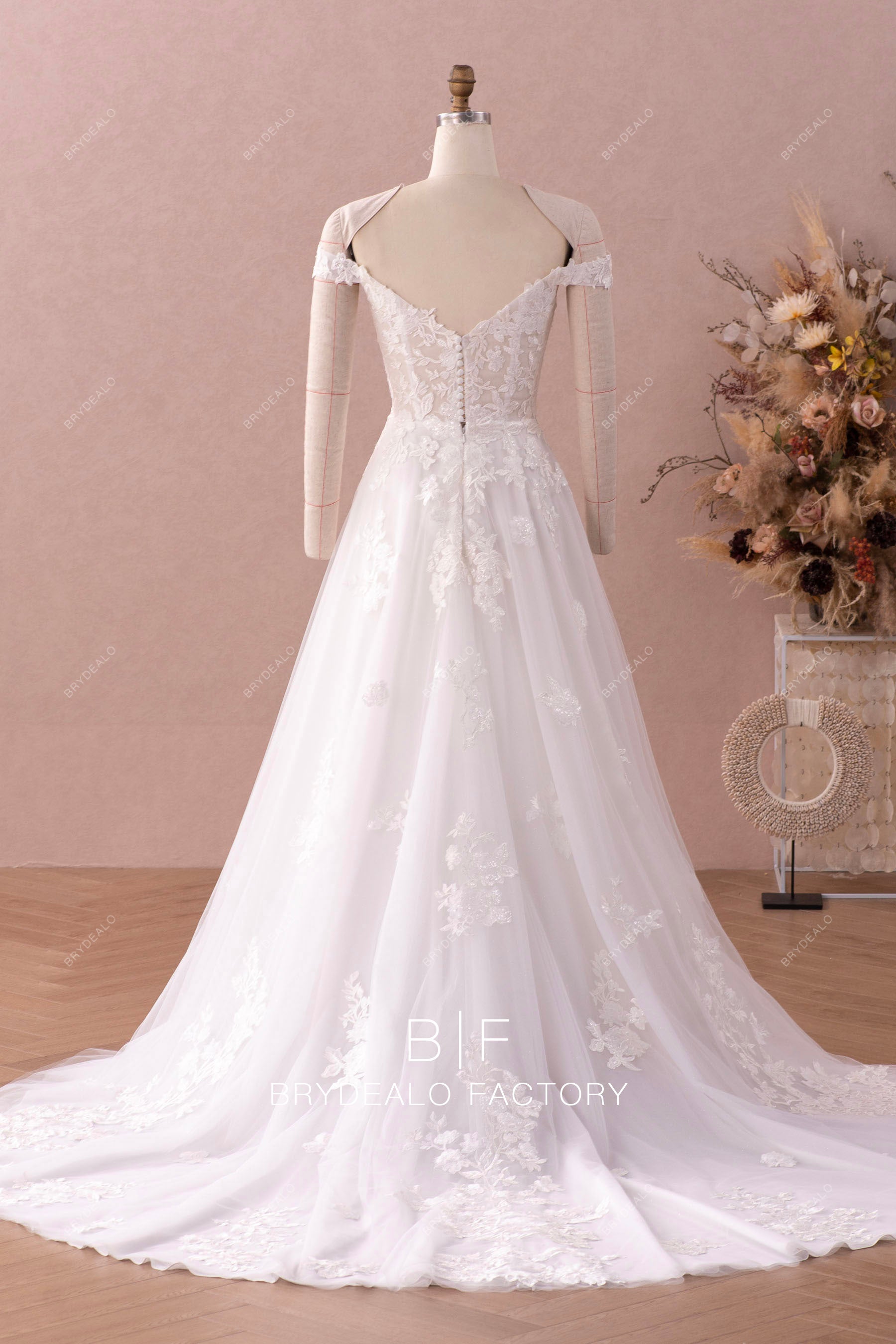 long off shoulder lace wedding dress