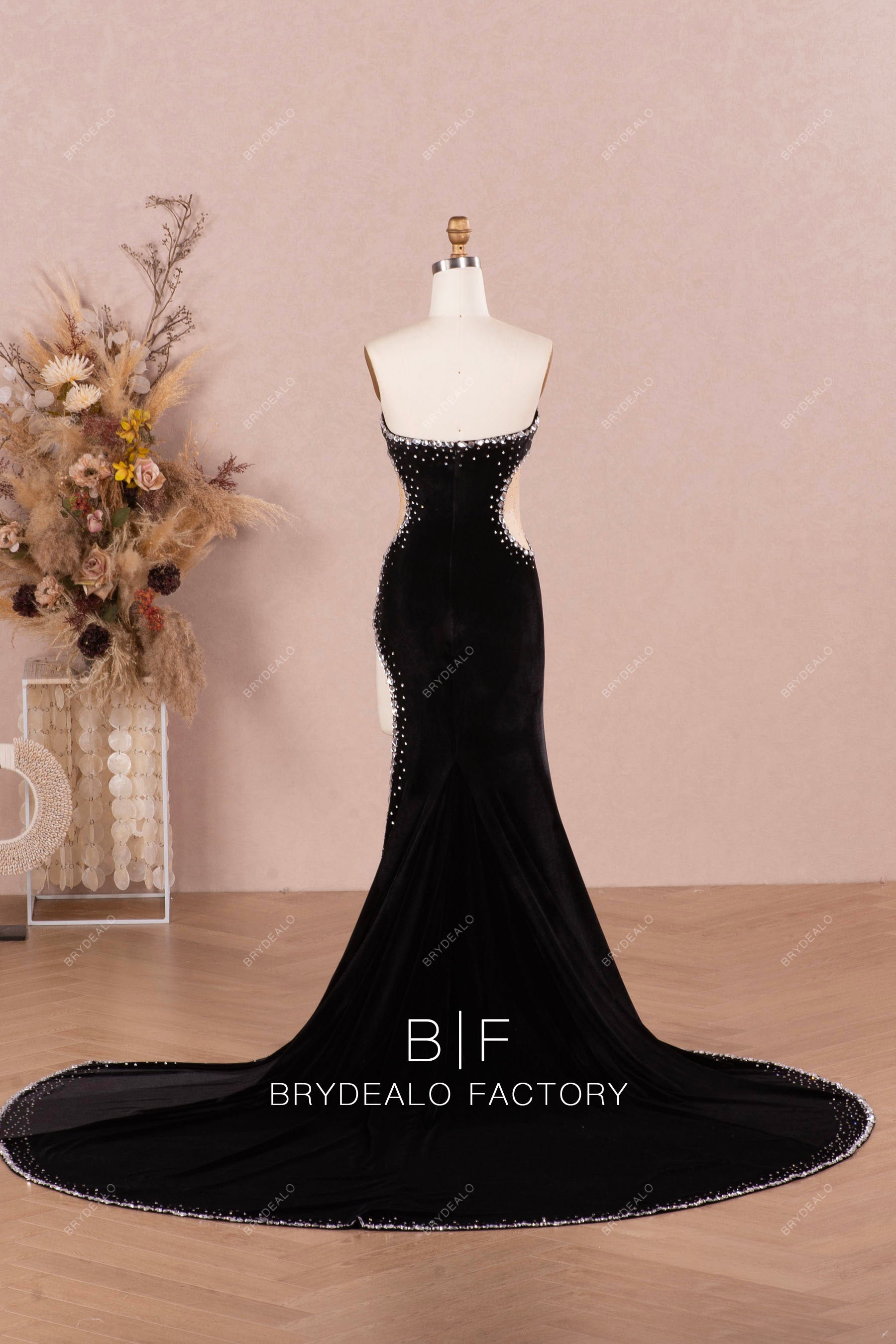 long rhinestone velvet mermaid prom dress