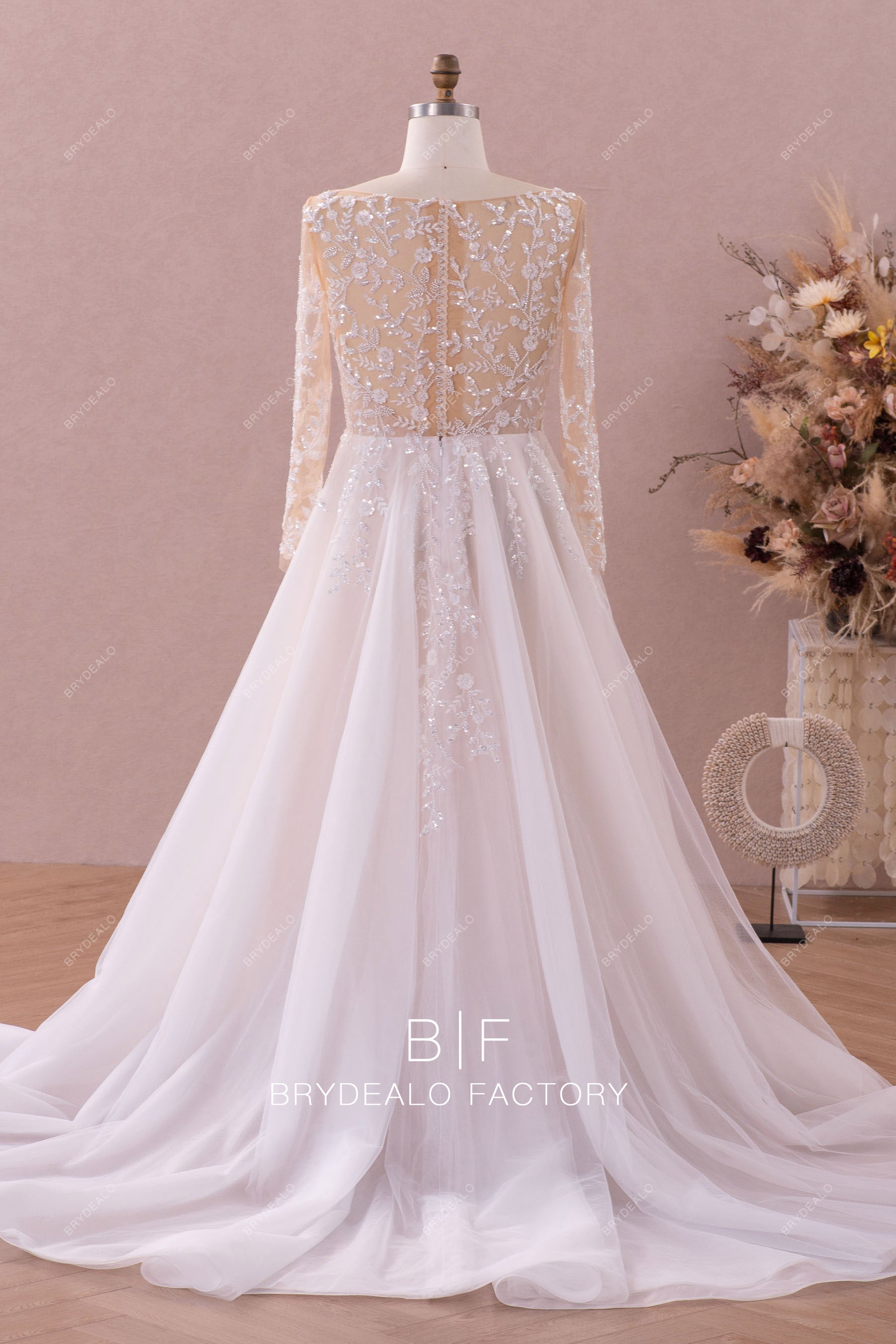 long ruffled illusion back wedding dress