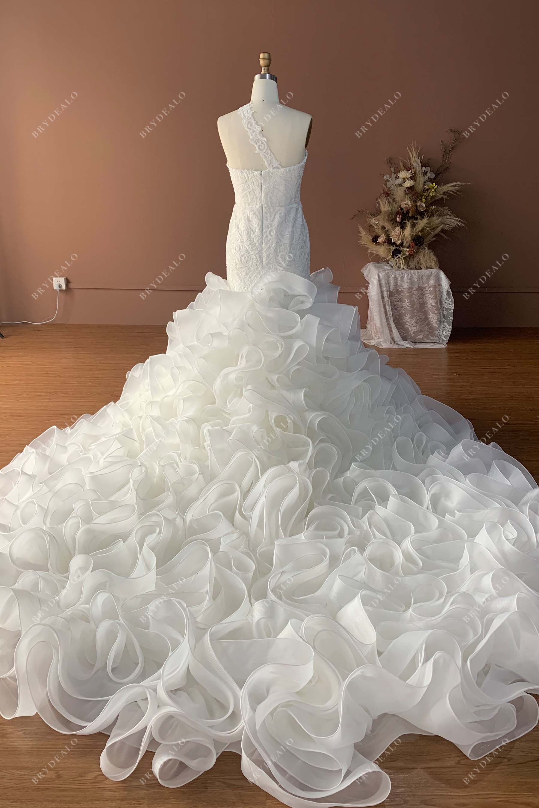 long ruffled organza train trumpet wedding dress