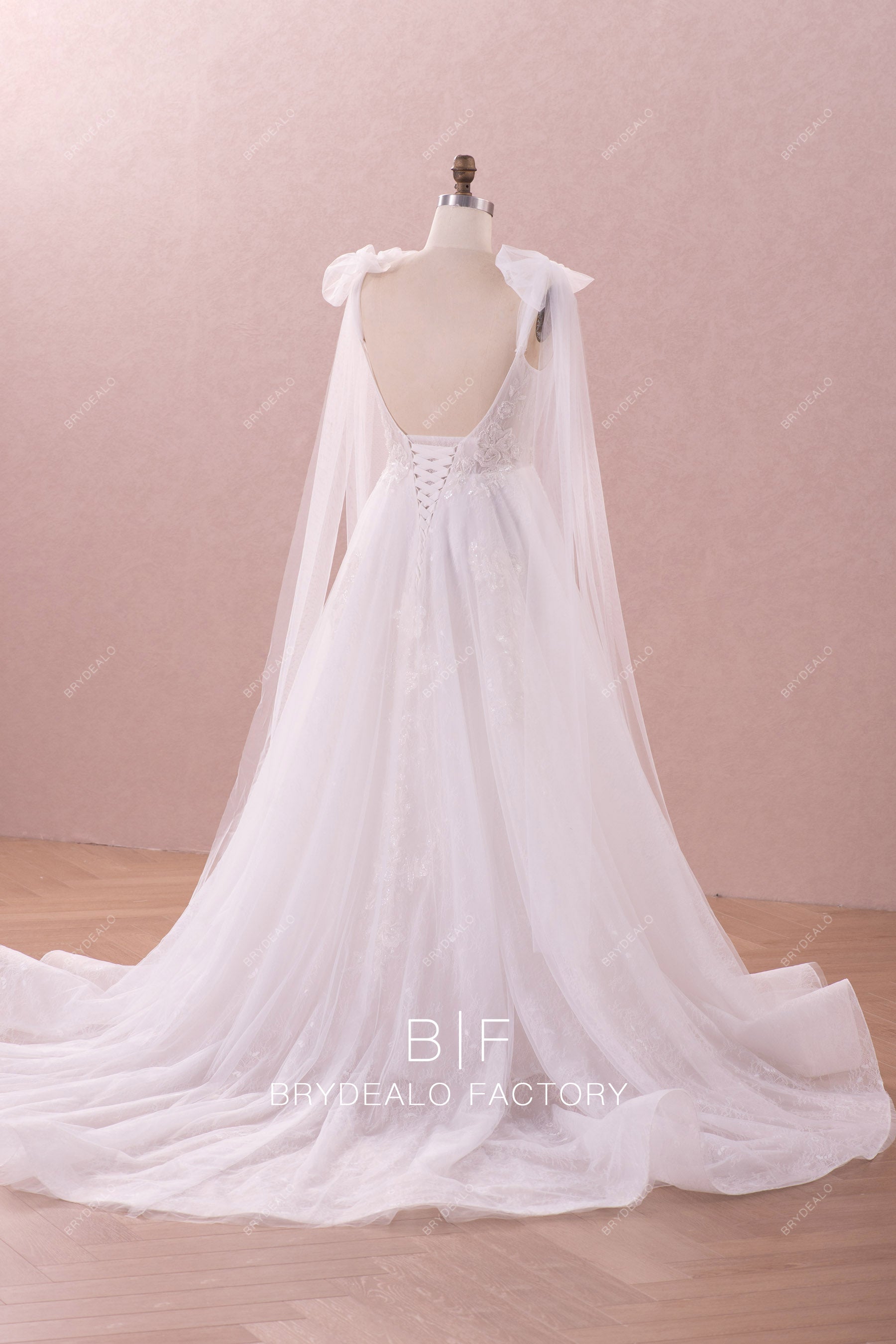 long ruffled train lace wedding dress