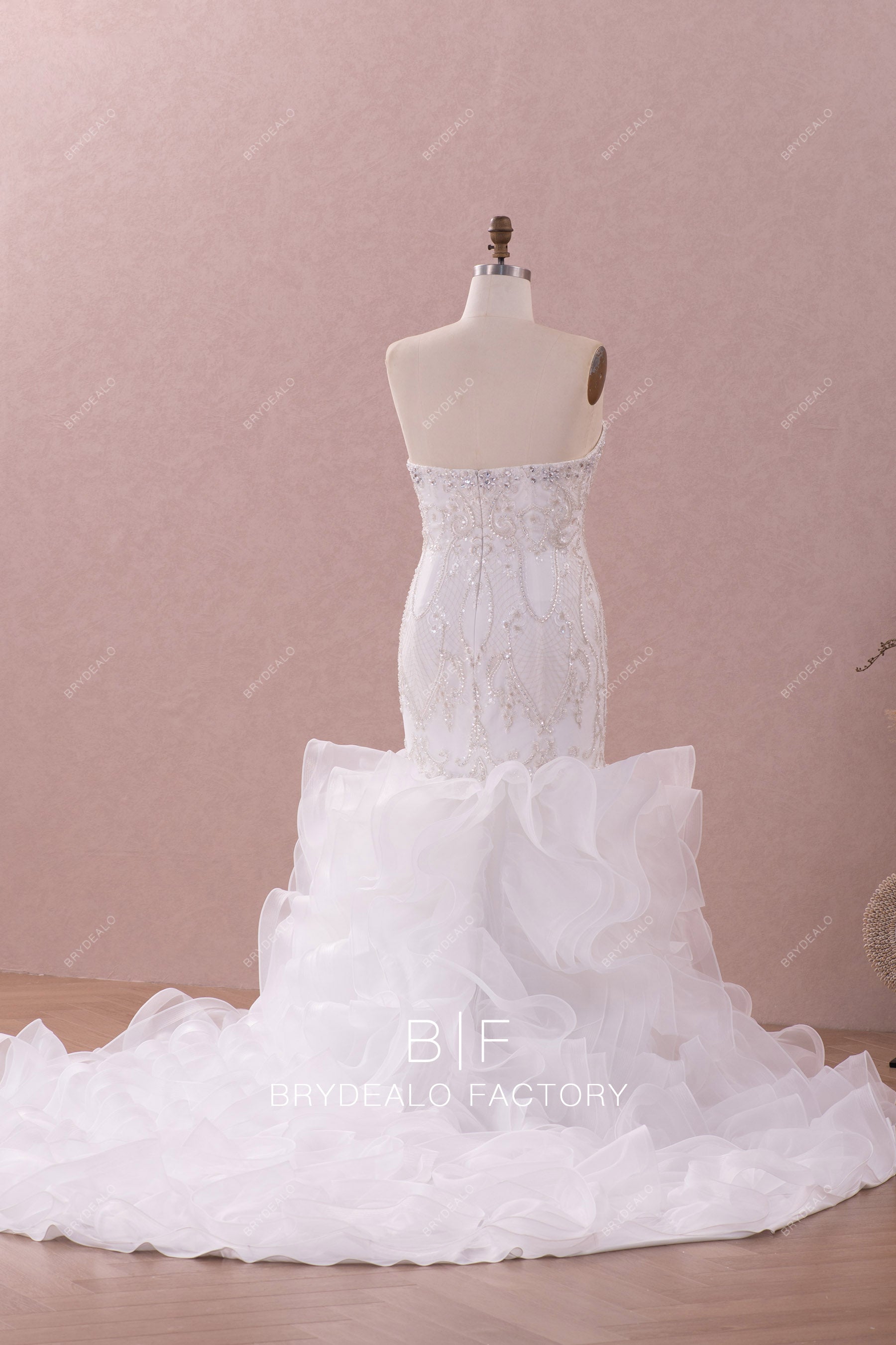 long ruffled trumpet skirt wedding dress