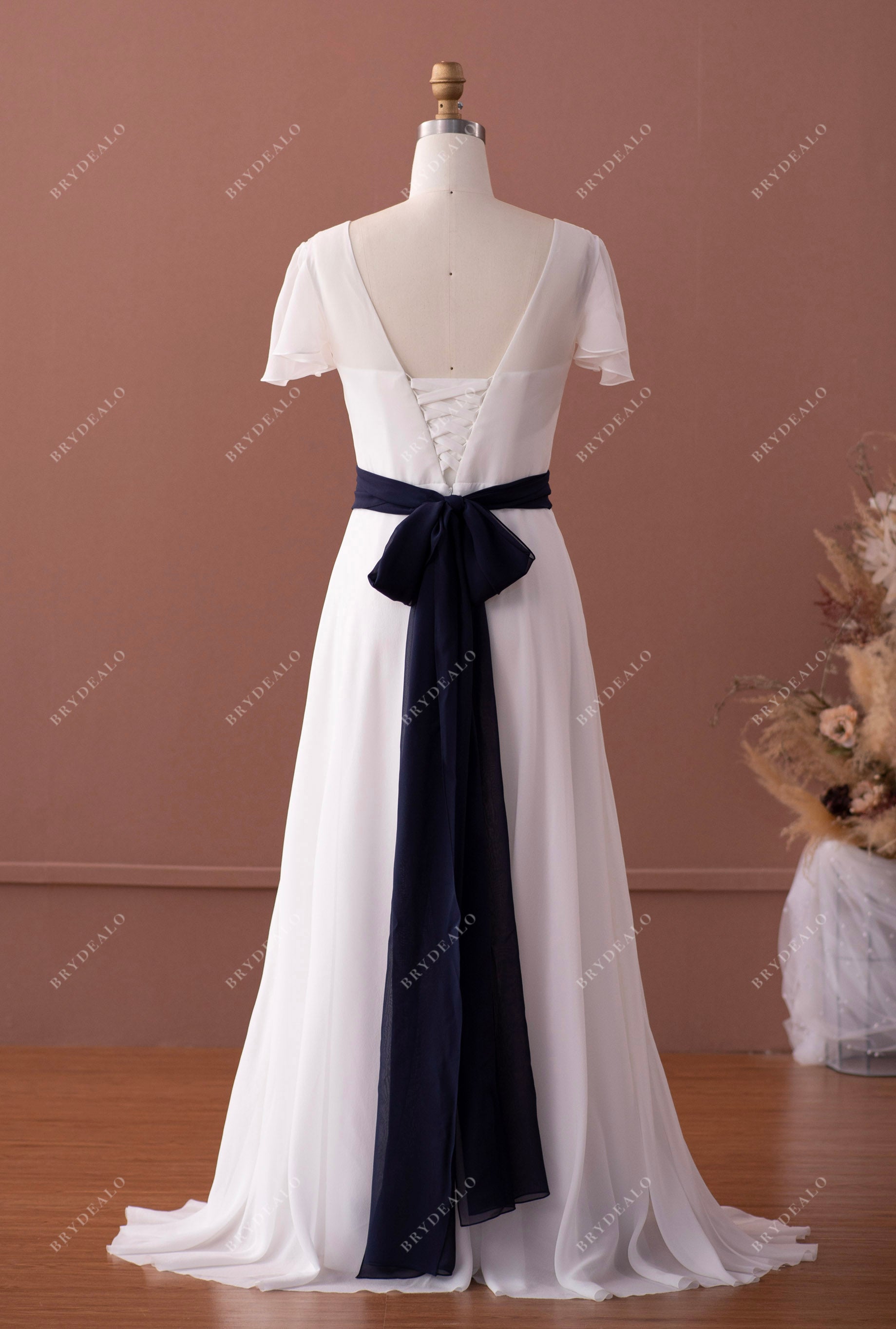 long silk georgette lace up wedding gown