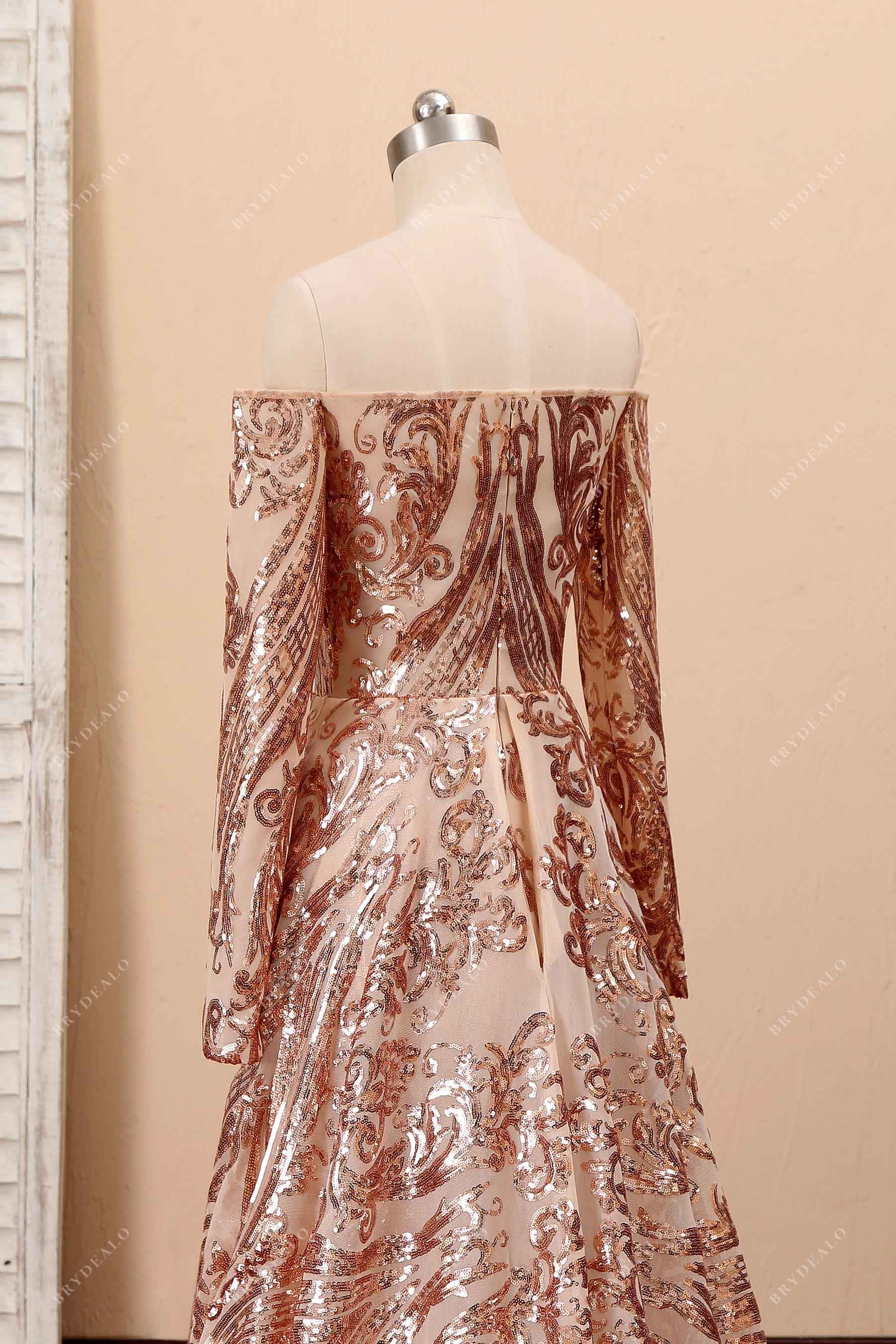 long sleeve champagne gold off-shoulder prom dress