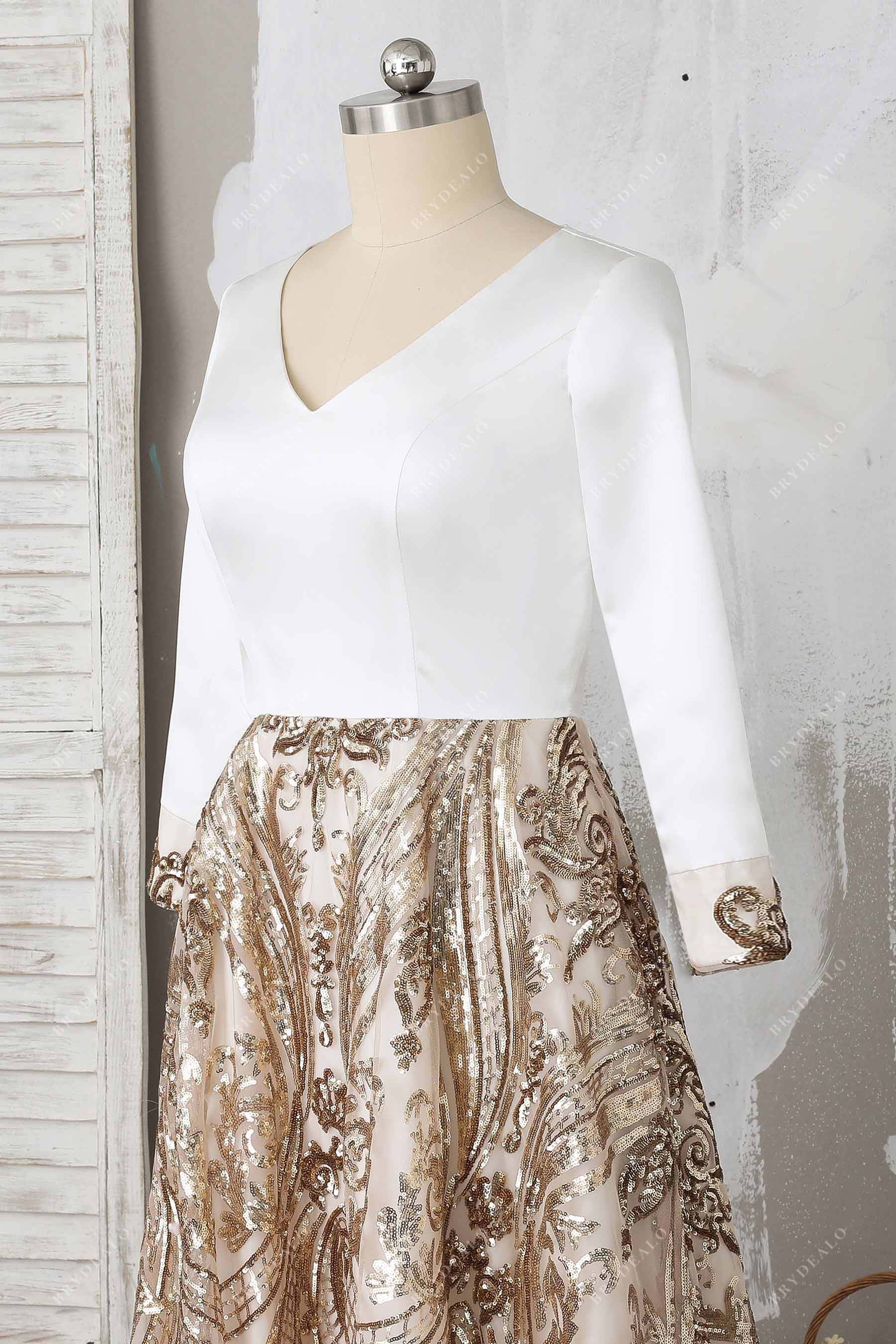 long sleeve ivory satin V-neck prom dress