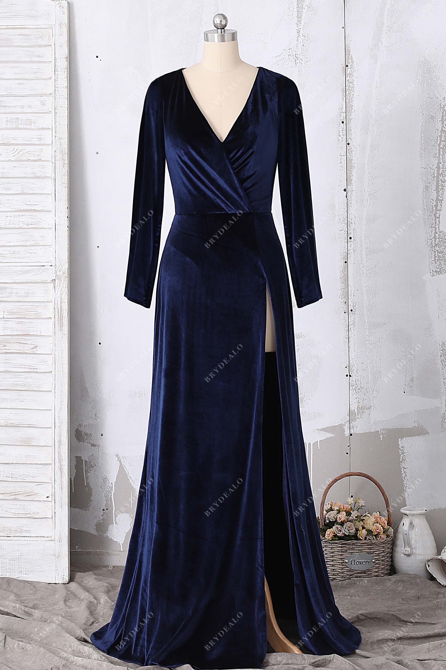 long sleeve navy velvet dress