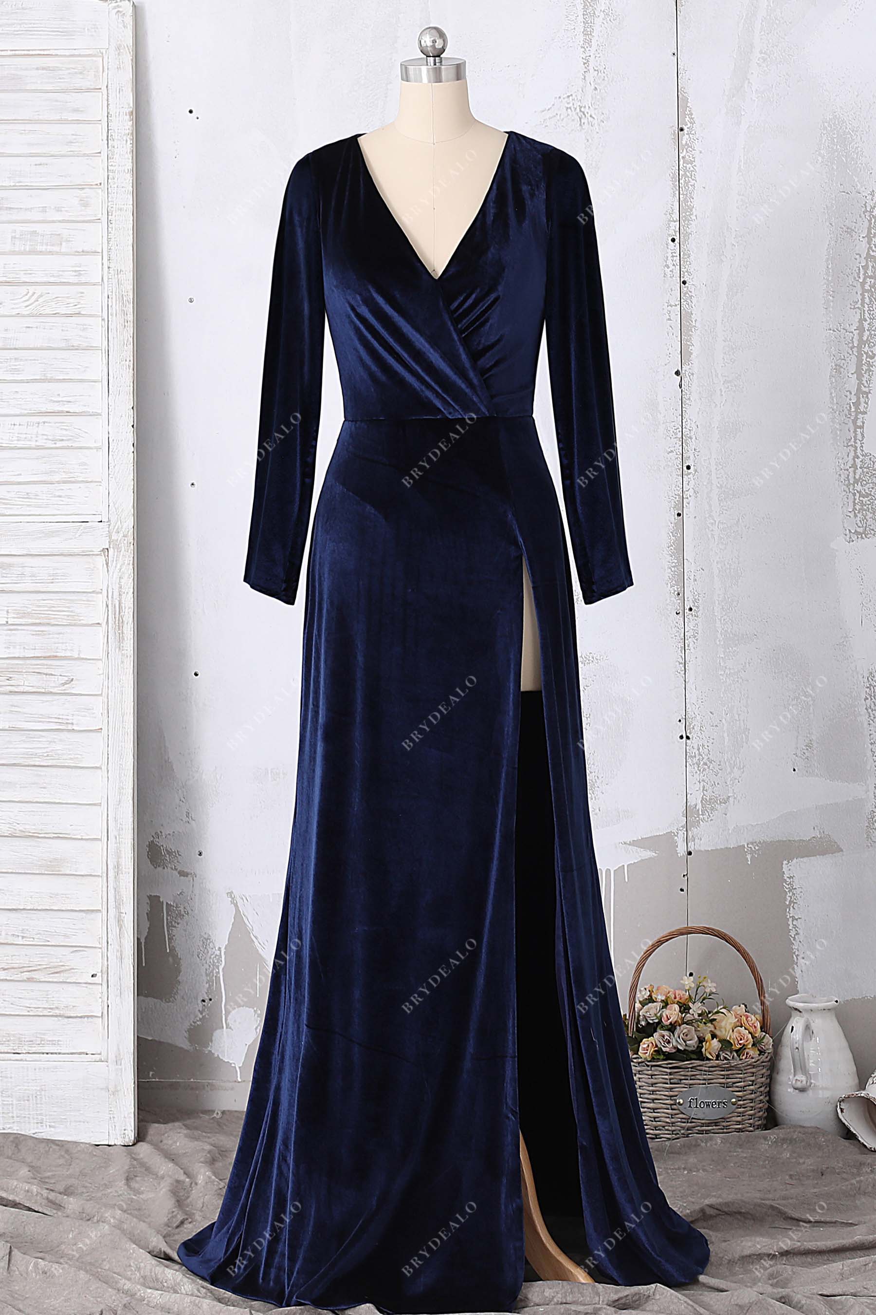 Navy Velvet Sleeved V-neck Slit Bridesmaid Dress Navy Velvet Sleeved V-neck Slit Bridesmaid Dress